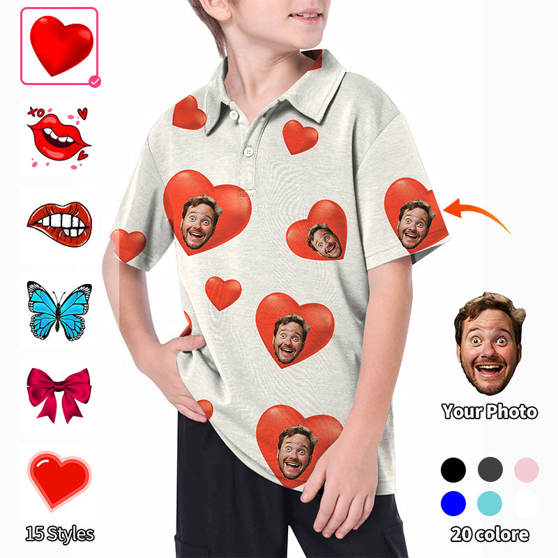 Valentine's Day Youth Custom Photo Face Custom Color White Love Golf Polo