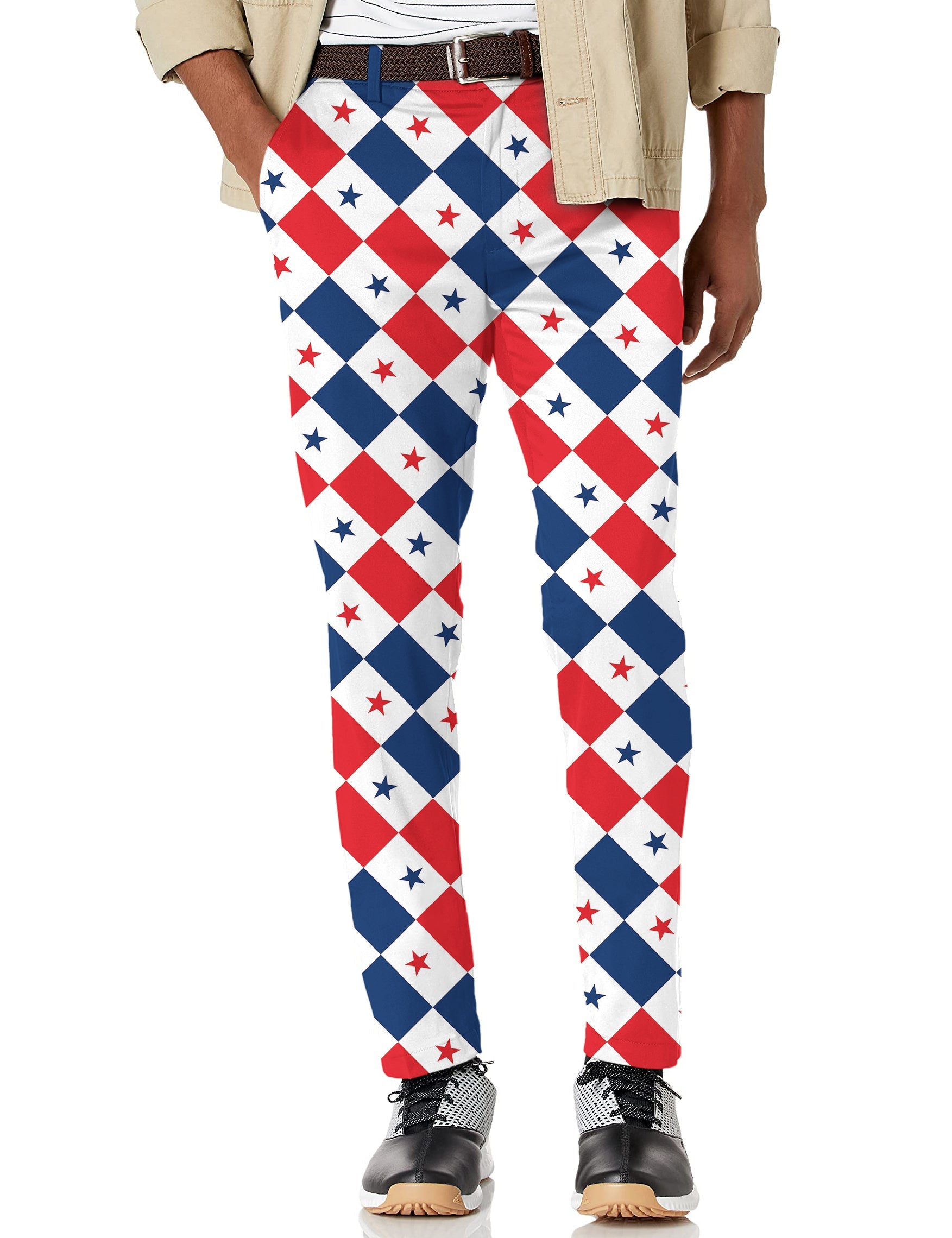 Men's Argyle US flag stretch golf pants with moisture-wicking fabric and star pattern