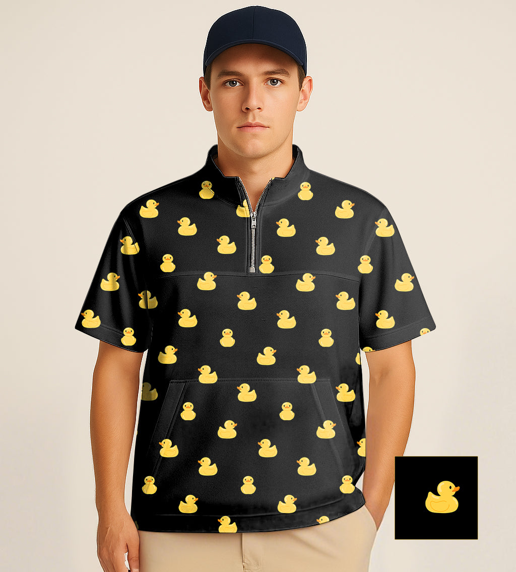 Half zipper turtleneck golf shirt with yellow rubber duck pattern and custom embroidery on black background