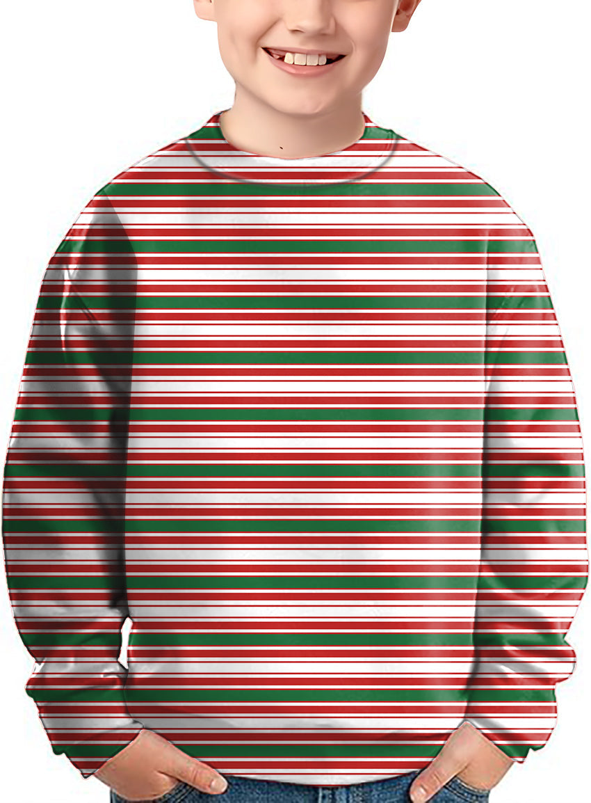 Kids striped Christmas crewneck pullover in red, white, and green holiday colors