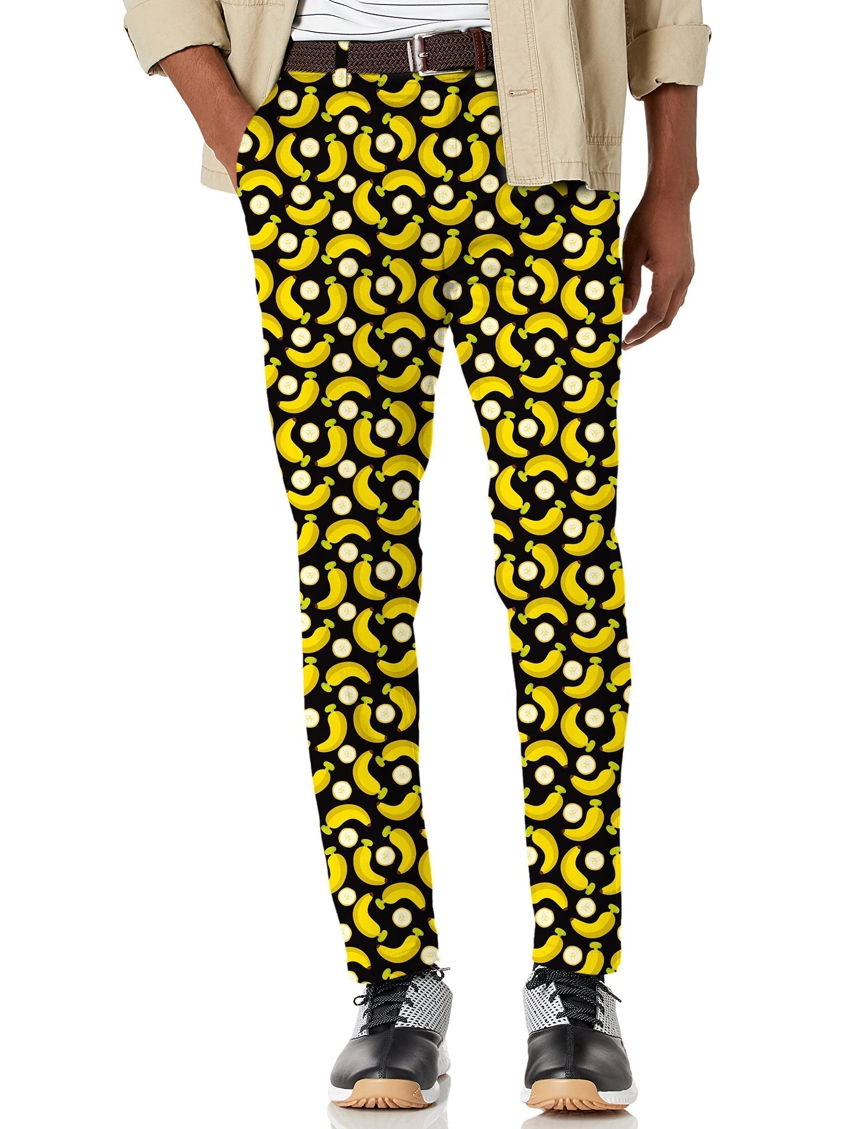 Men's Halloween Bananas stretch golf pants with moisture-wicking fabric and banana peel pattern