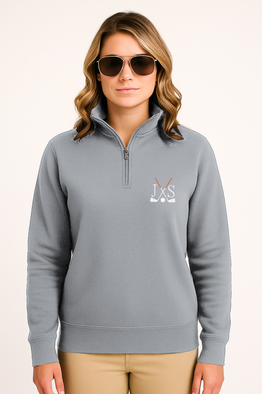 Embroidery solid color grey plus size women's high neck hoodie with golf clubs and initials embroidery