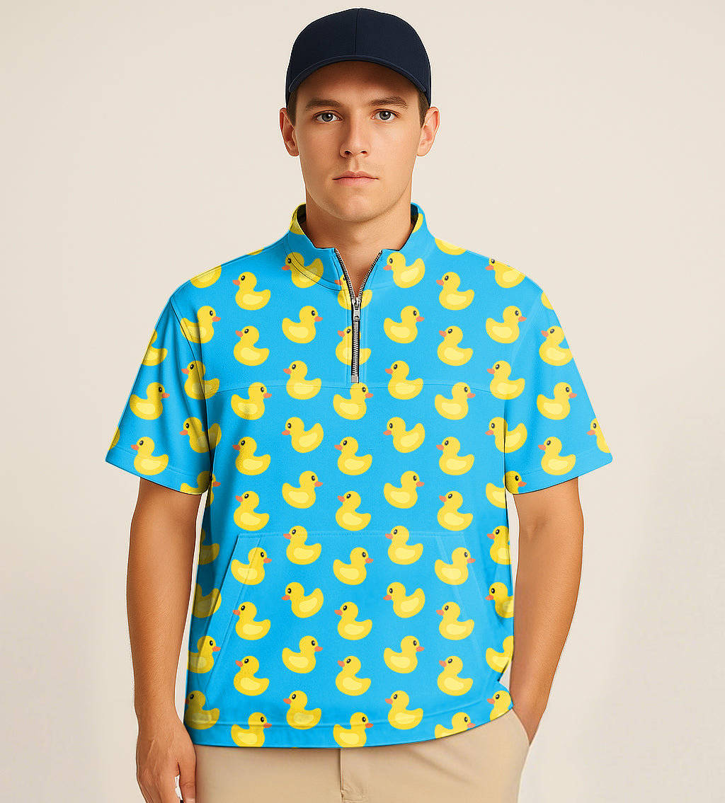 Men's half zipper turtleneck golf shirt with yellow duck embroidery on blue background