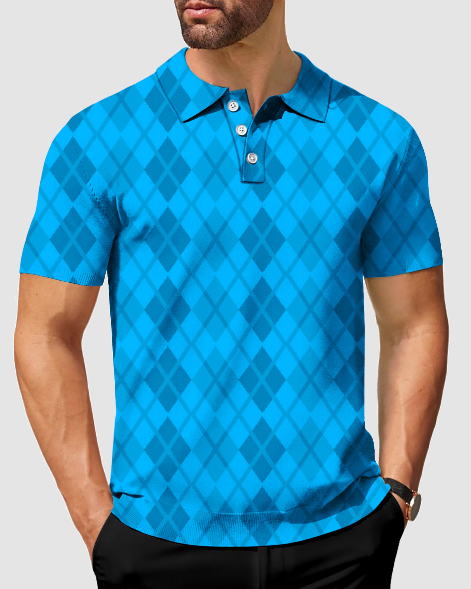 Argyle Men's Blue grid golf polo