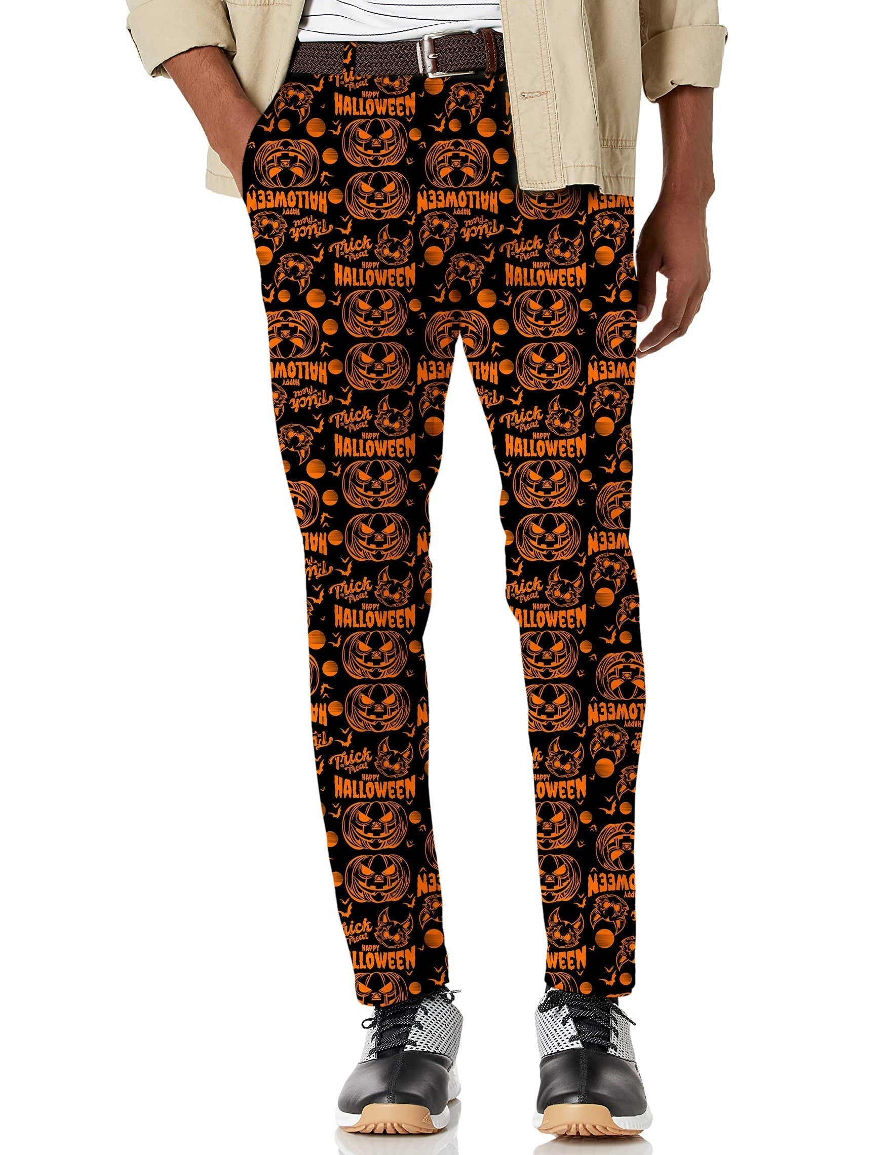 Men's Halloween pumpkin themed stretch golf pants with moisture-wicking and wrinkle-resistant fabric