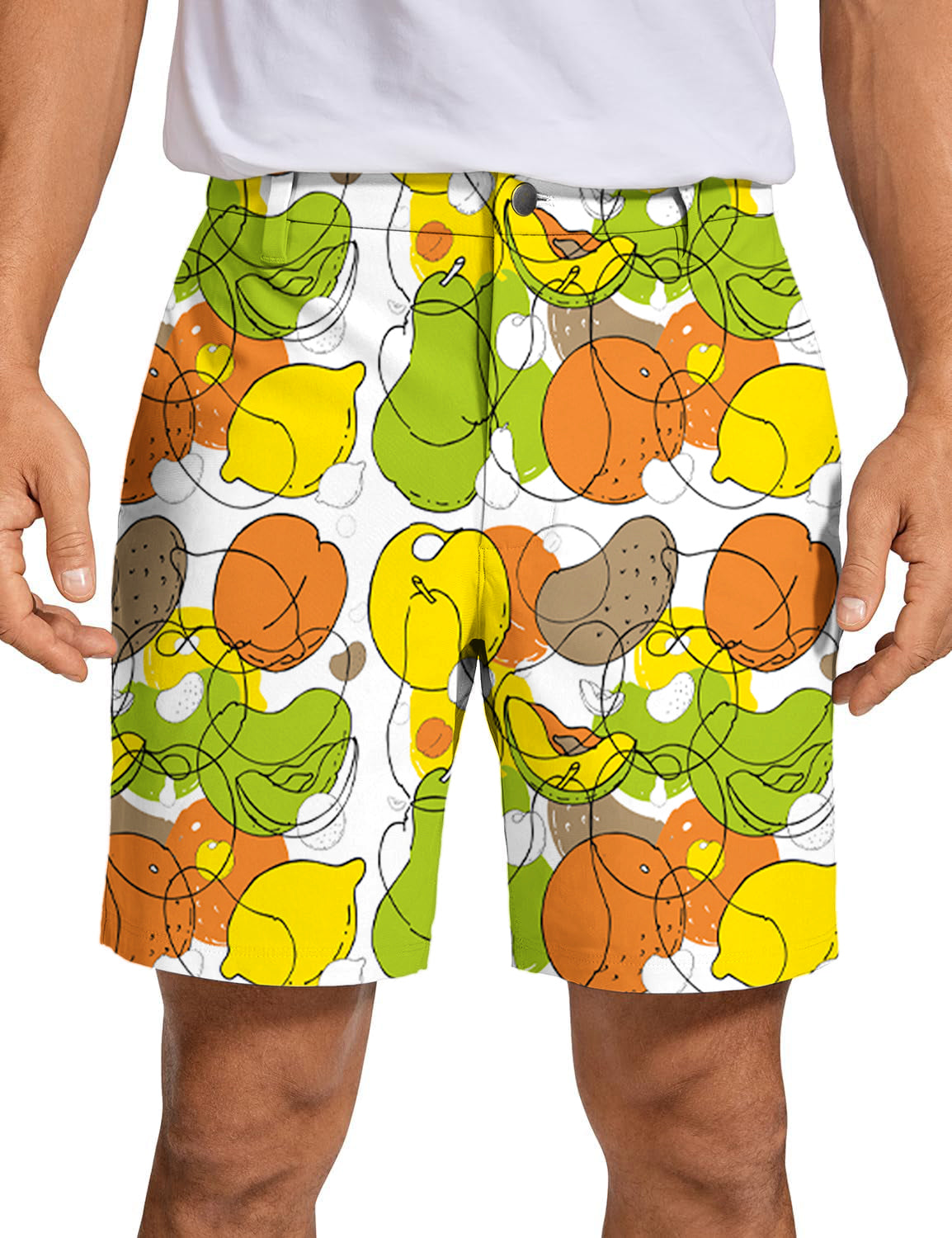 Men's colorful fruit patterned golf shorts with bright yellow, green, orange, and beige fruit designs on lightweight breathable fabric