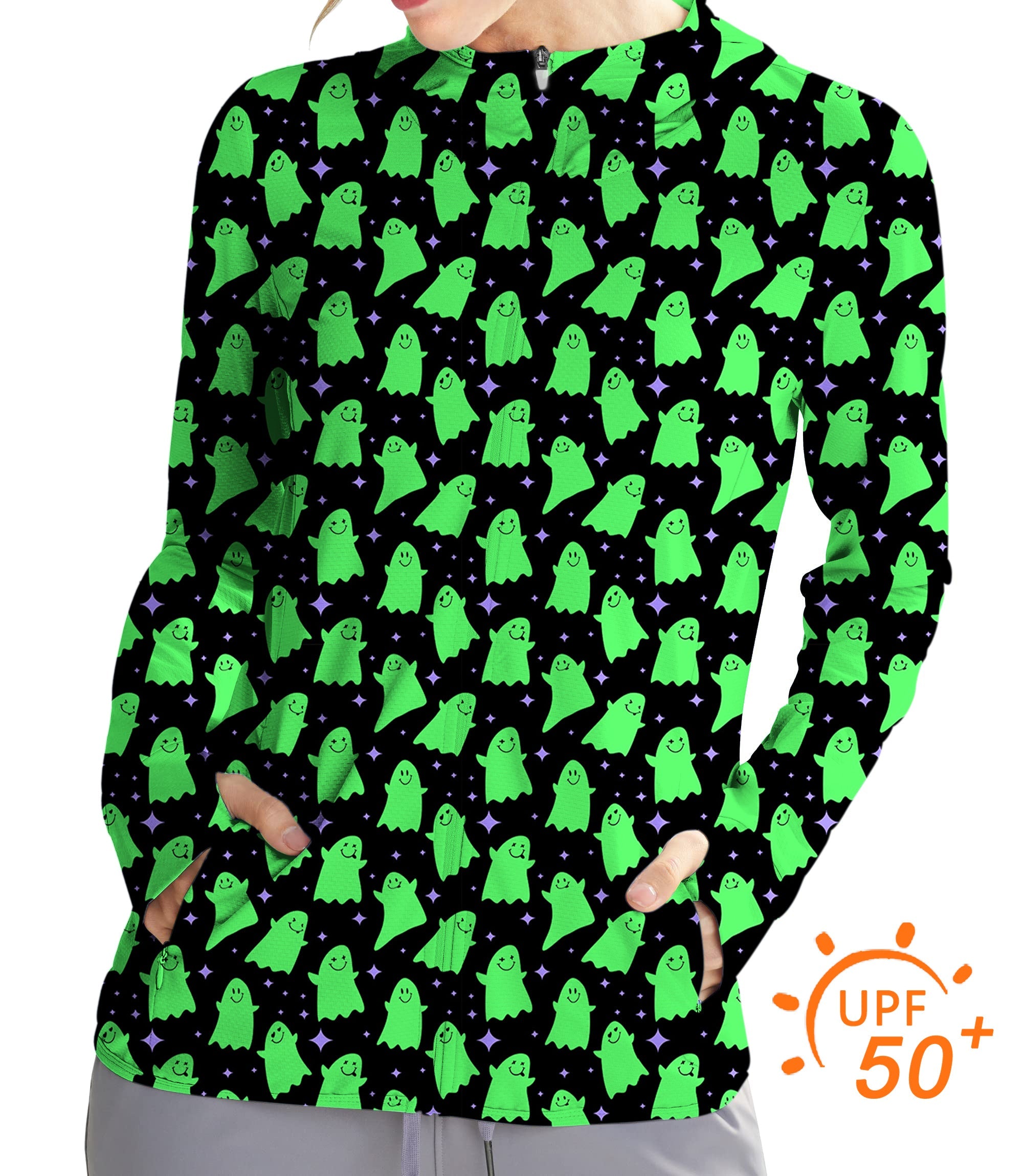 Women's outdoor green ghost golf sun protection zip hoodie with UPF 50+ and slim fit design