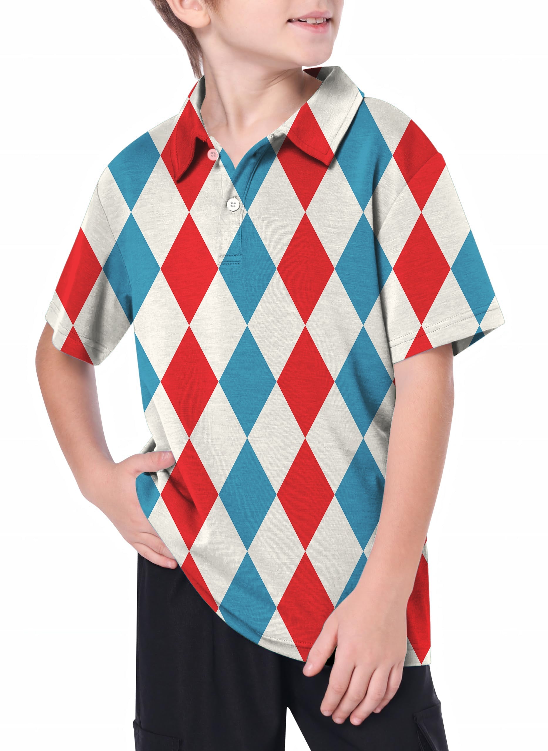 Youth geometric checkerboard argyle golf polo shirt with 4-way stretch and moisture-wicking fabric