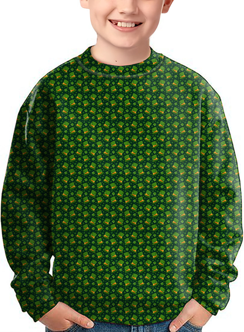 Kids crewneck pullover with leprechaun hat and clover leaf pattern for St. Patrick's Day