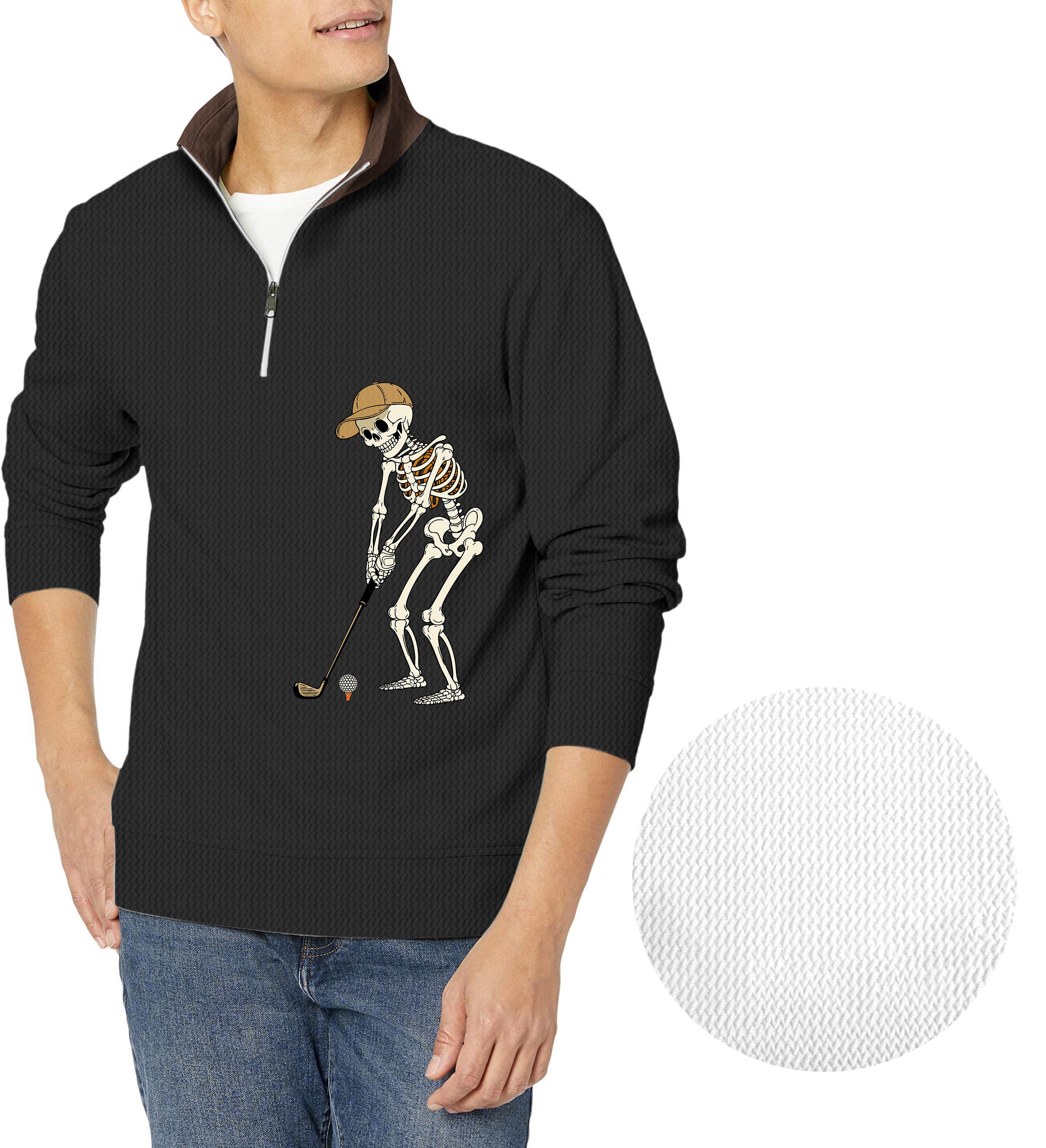 Men's black waffle zipper pullover with yellow, black, brown Halloween skeleton golf design