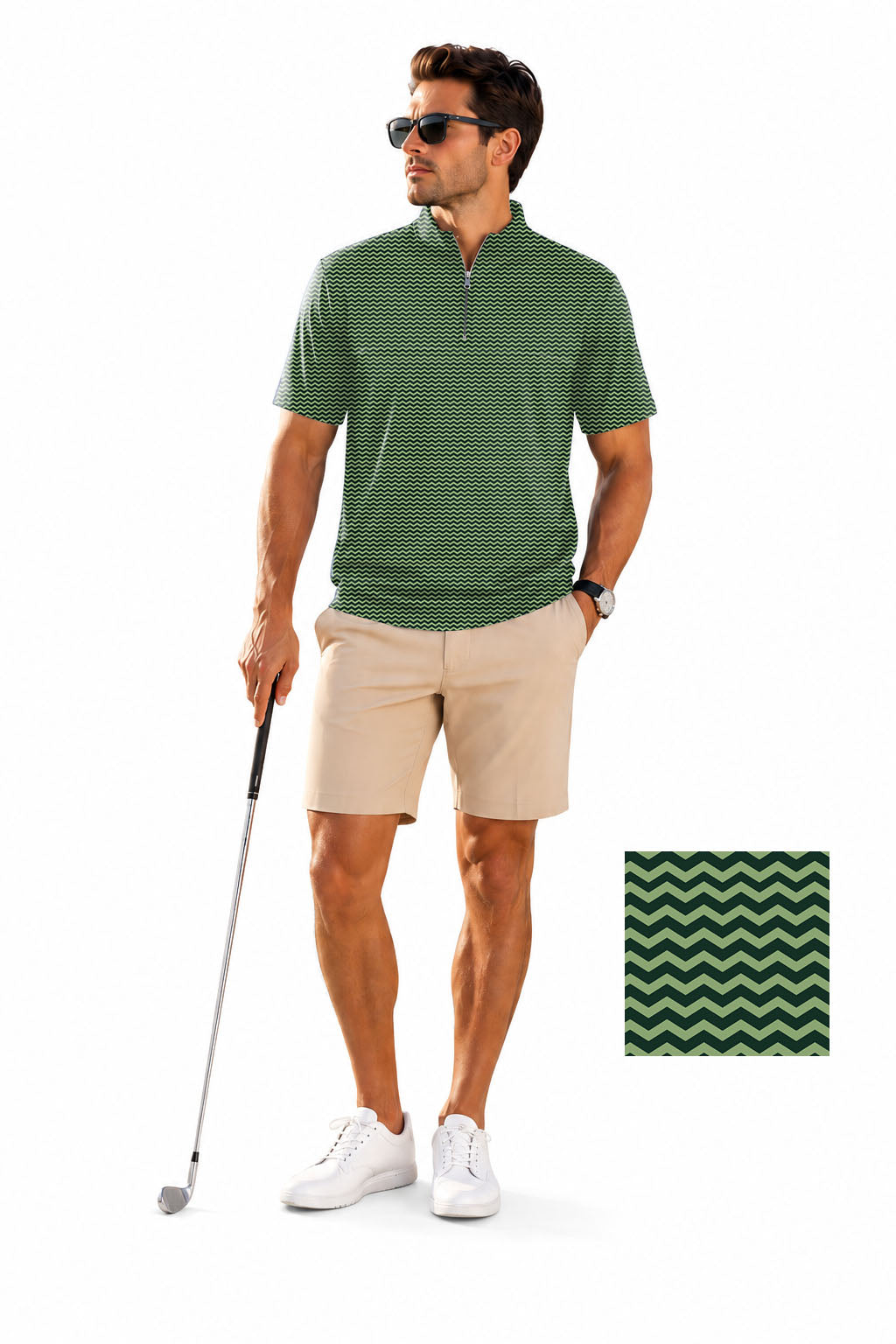 Men's Short Sleeve Quarter Zip Golf Pullover Green Waves Embroidery