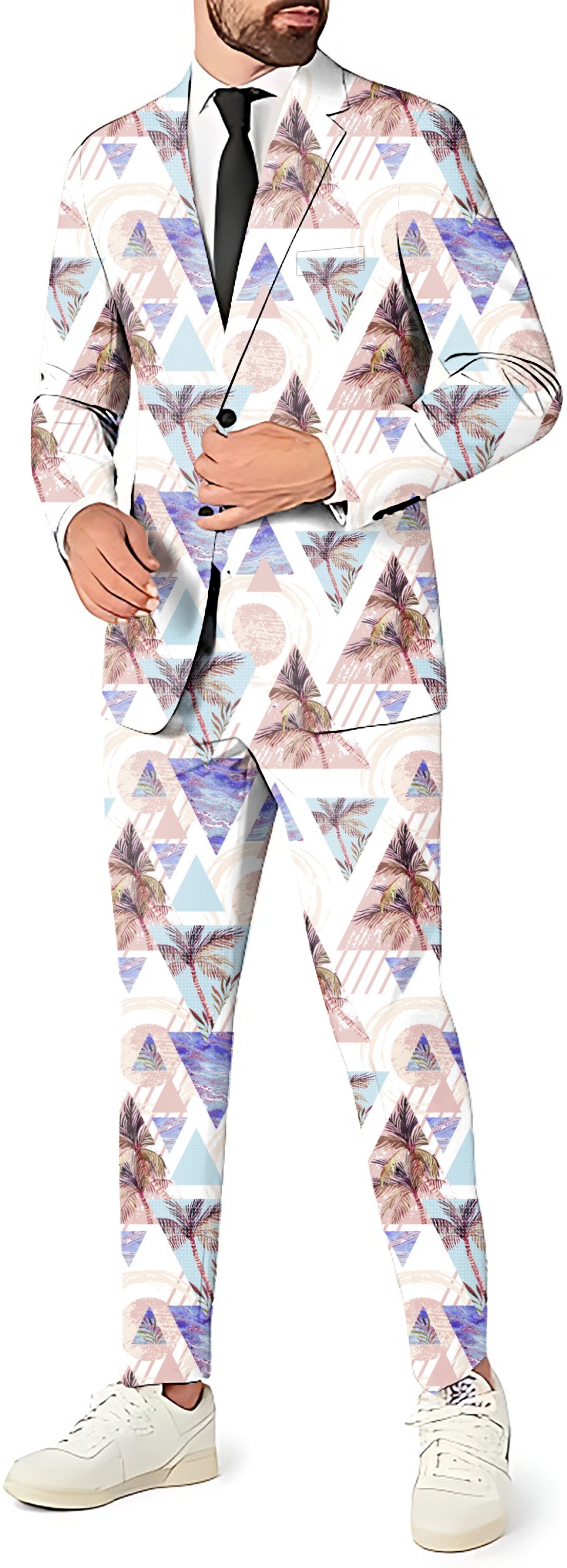 Cali Palm tree men's party suit set with blazer, pants, and vest featuring a tropical palm tree print, slim fit, and button closure.