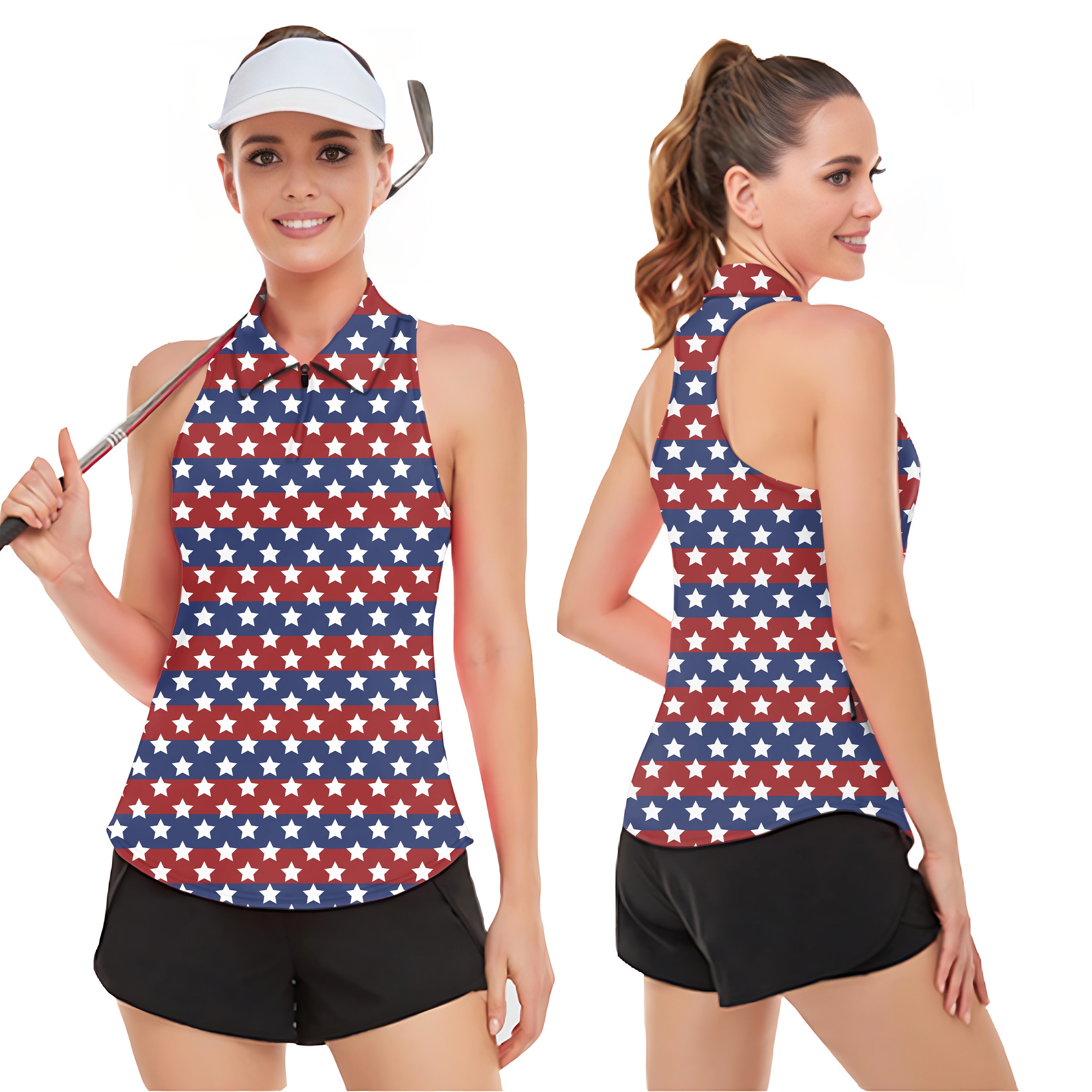 US Flag Stars Women’s Sleeveless Golf Tank Top Shirt Polo