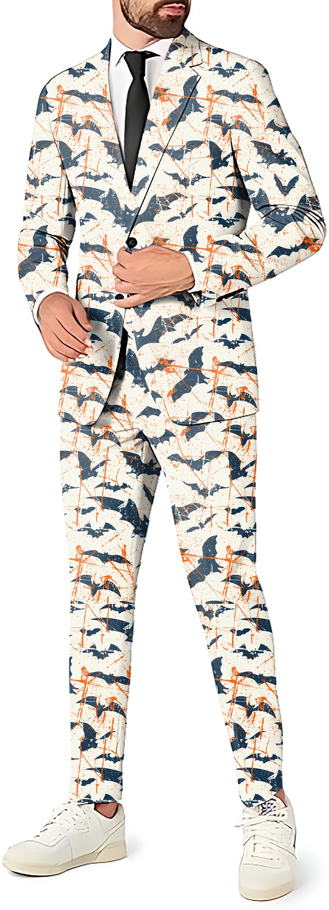 Bat Cave Men's party suit set with blazer, pants, and vest featuring bat pattern design