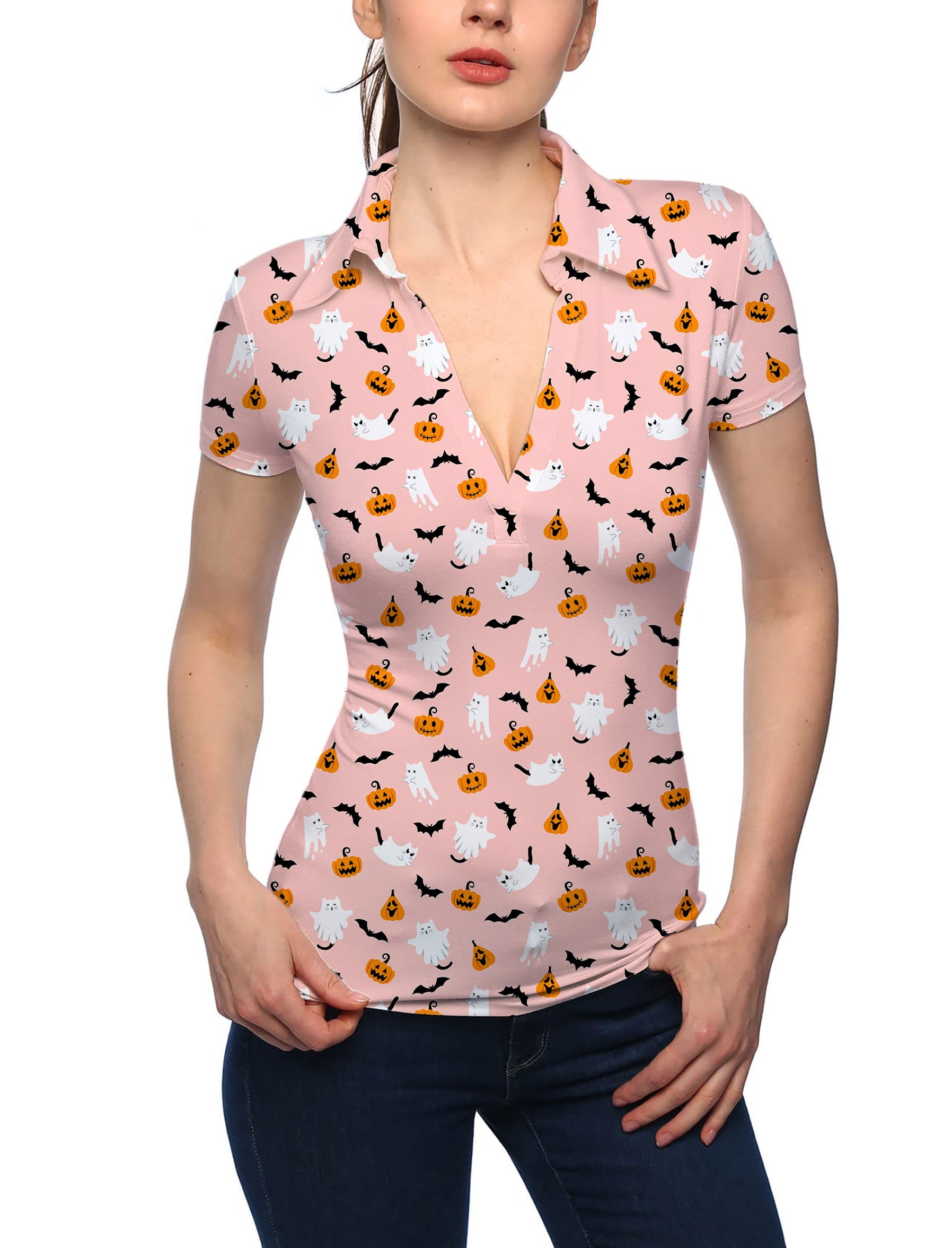 Women's Halloween kawaii ghost pumpkin print V-neck golf polo shirt with stand collar and short sleeves