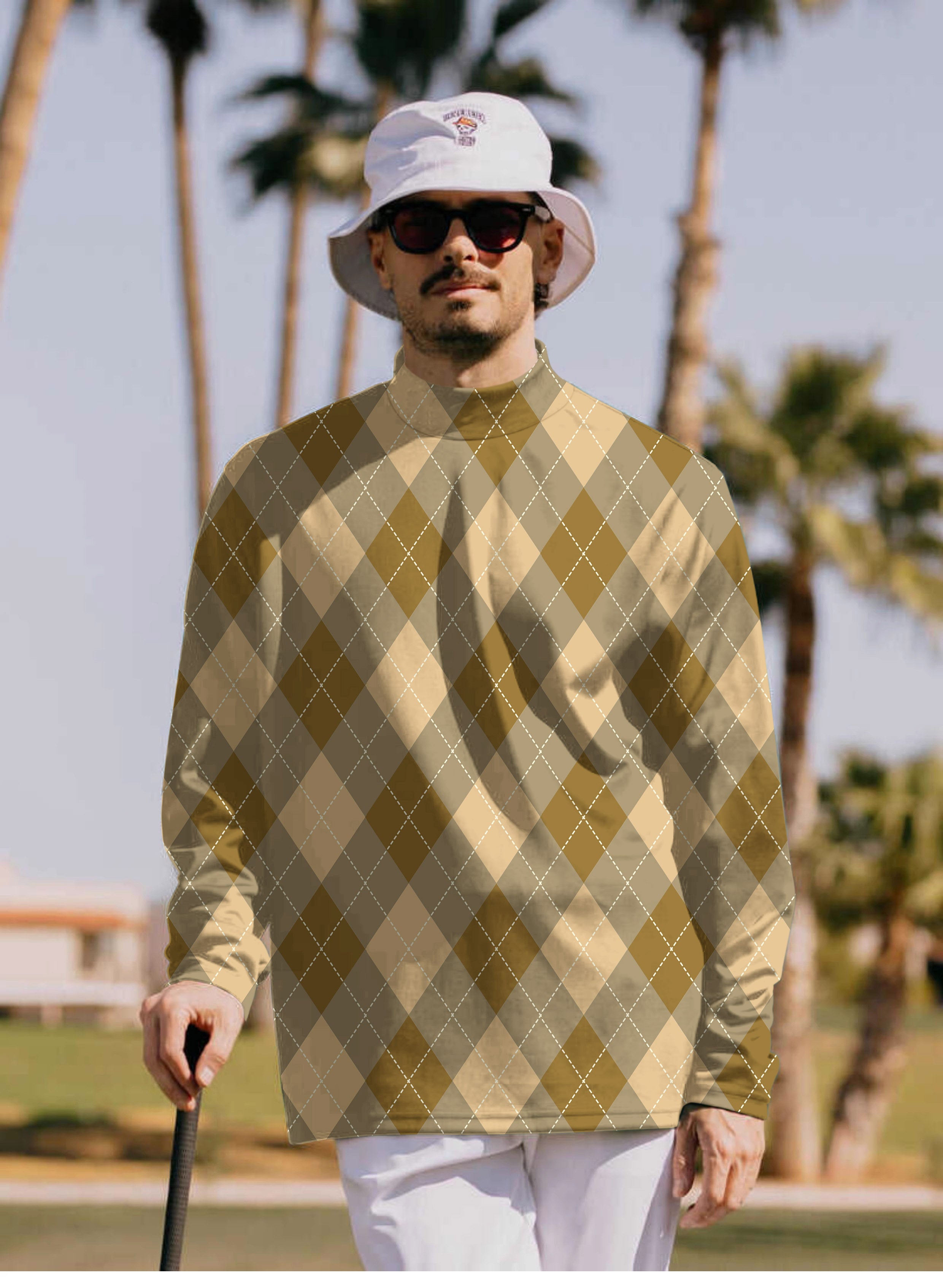 Men's brown Argyle Pullover High neck Long/Short sleeve T-Shirt