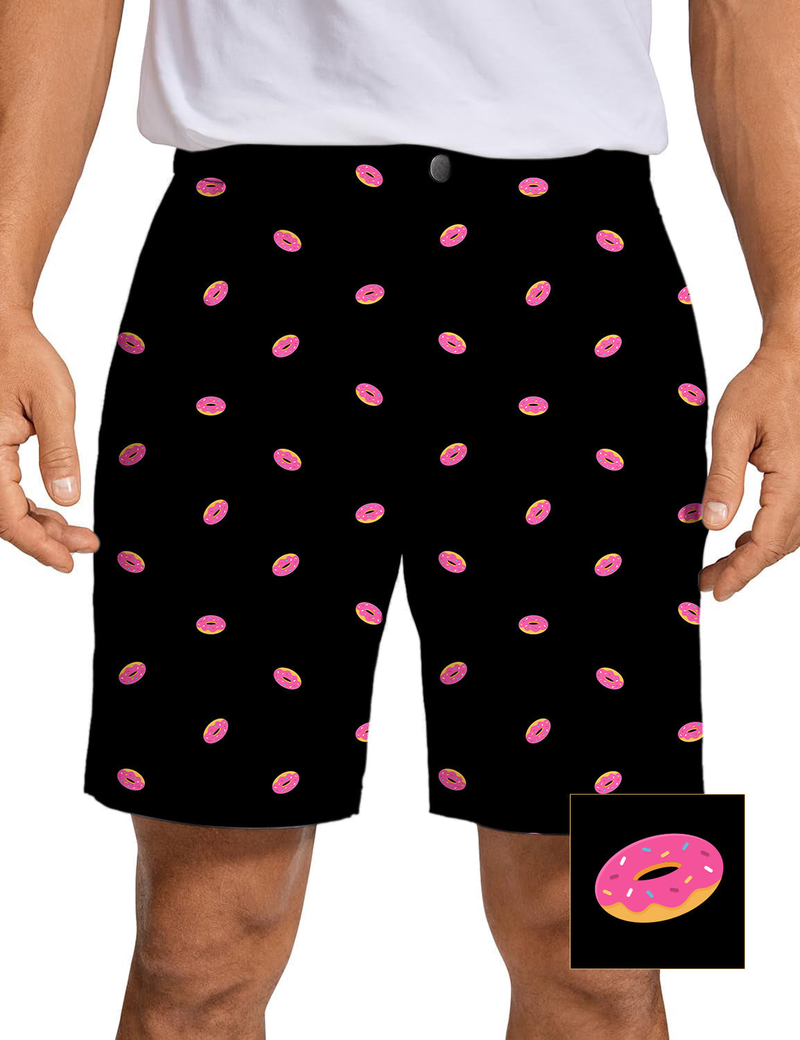 Men's Donut Custom golf shorts with pink donut pattern on black, quick-dry, lightweight, and stretchy fabric.