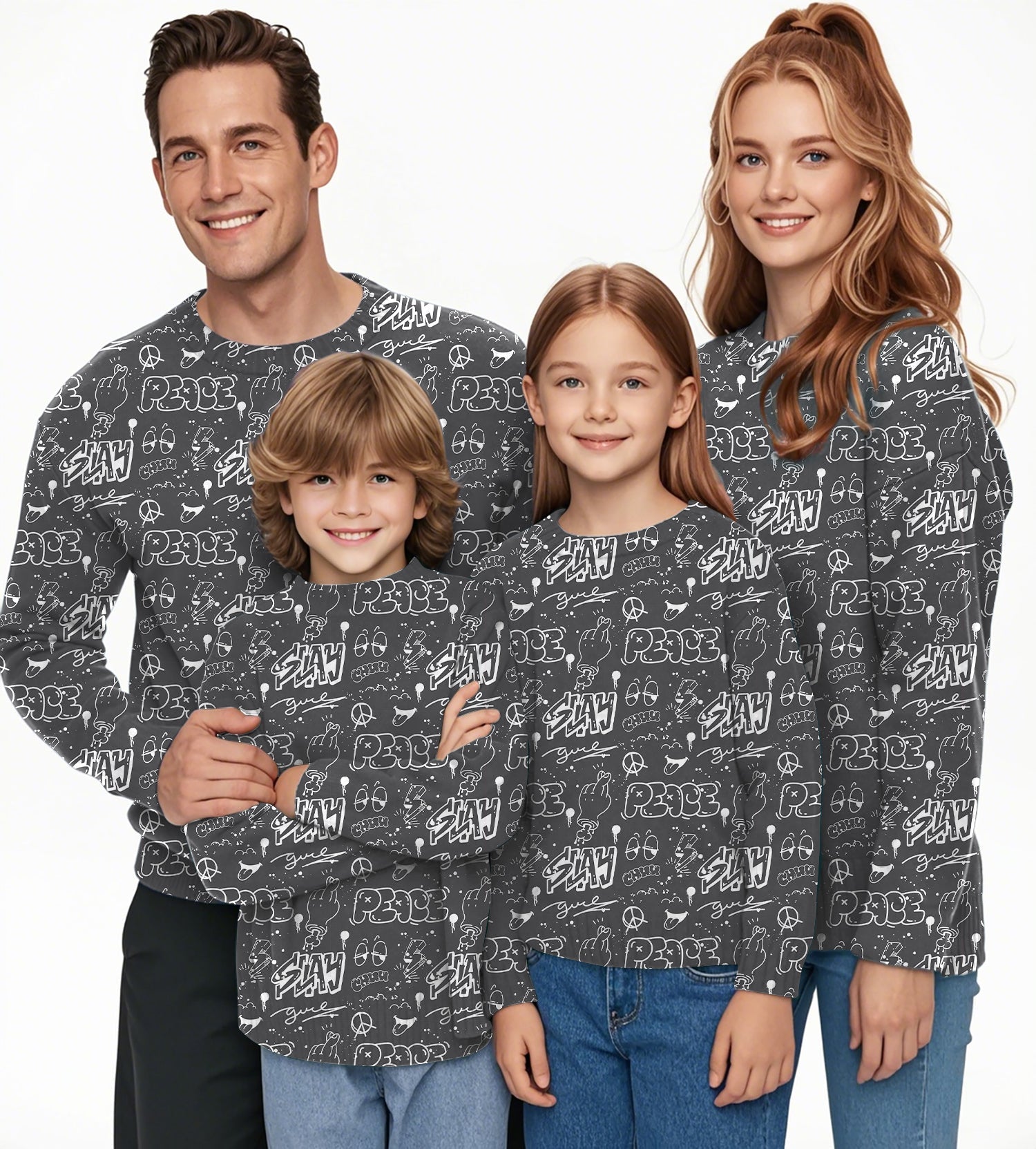 Family wearing gray Slay Peace crewneck pullover ugly sweater with white graphic text and drawings