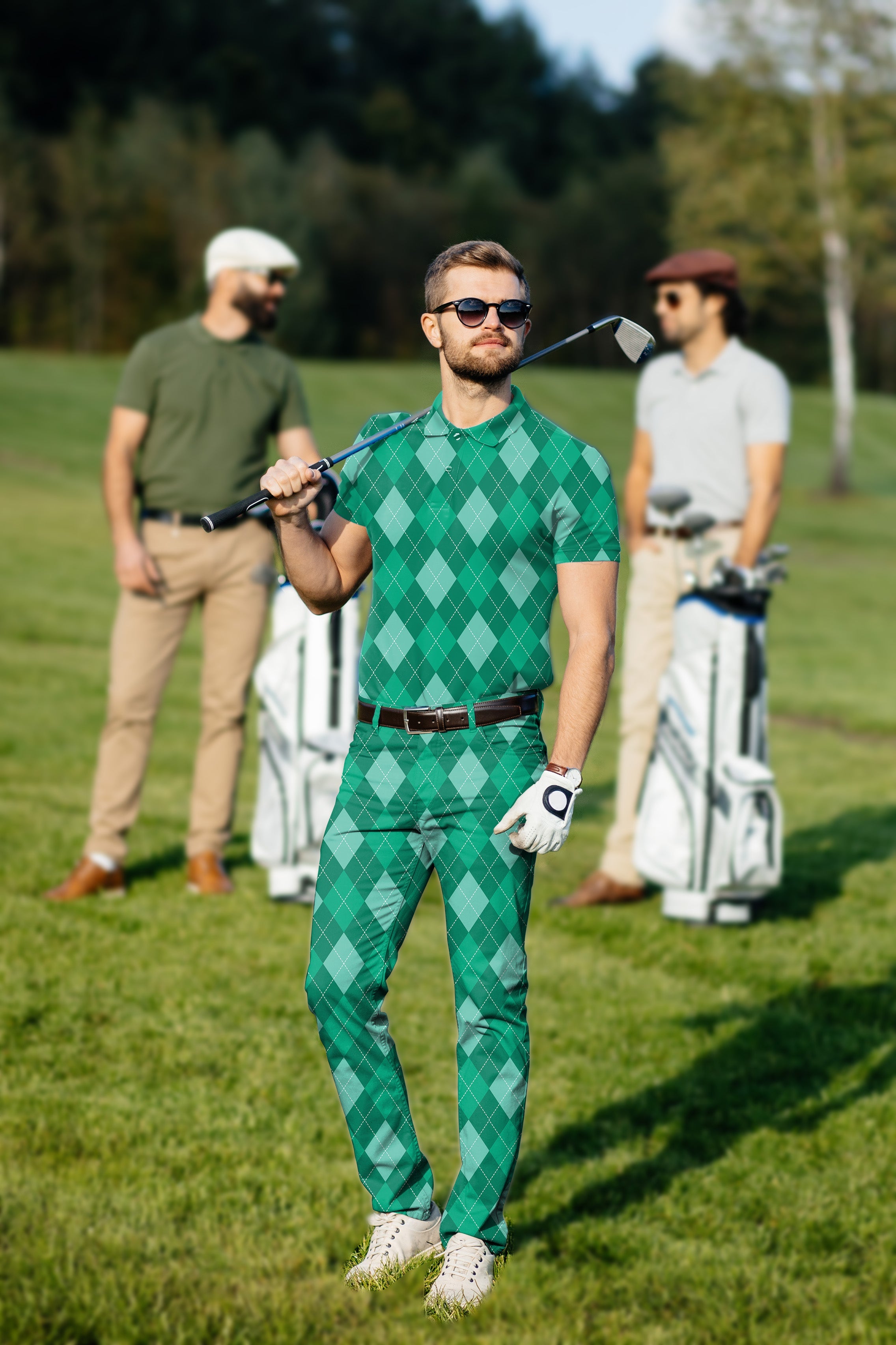 Men's golf set with green argyle polo and pants, moisture-wicking, stretchy, wrinkle-resistant fabric, UPF 40+ protection, classic fit.