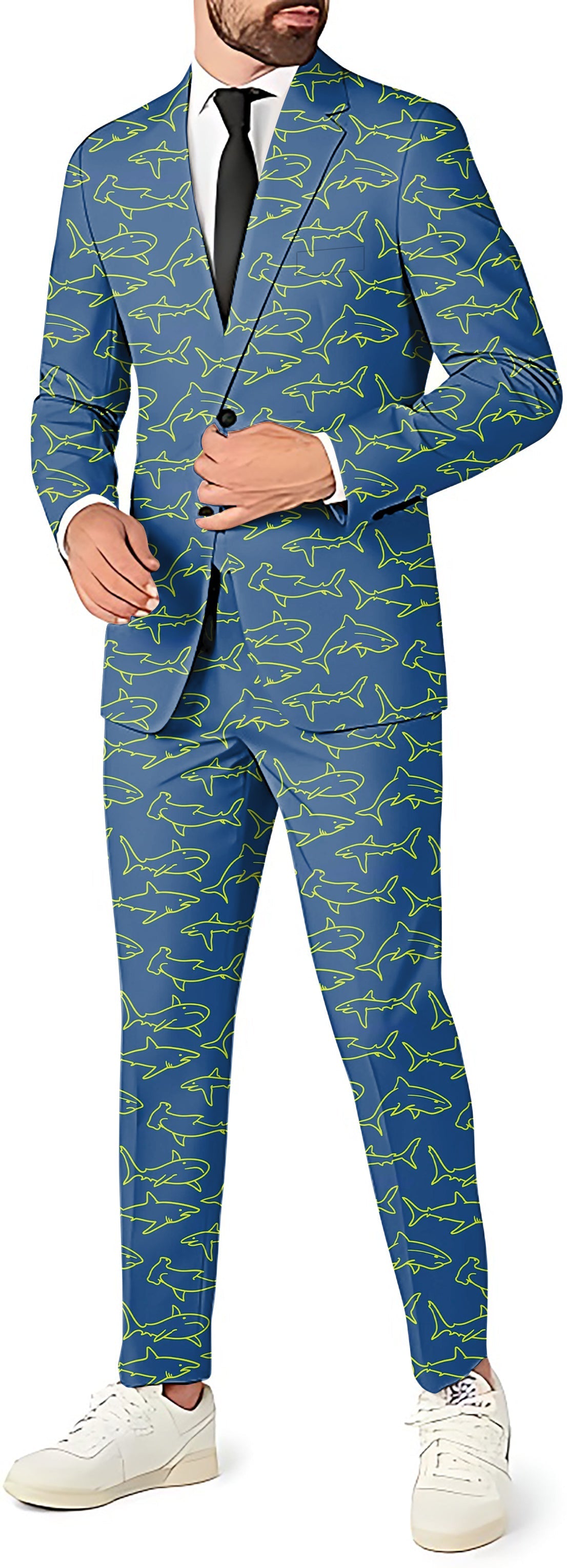Blue Sharks men's party costume suit set with blazer, pants, and vest, featuring a blue shark pattern and slim fit design