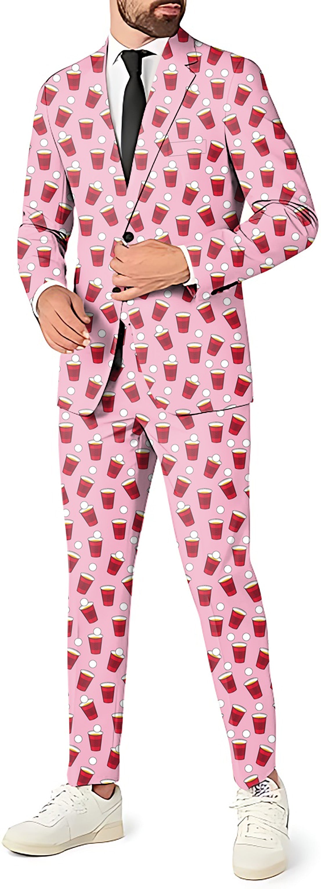 RED SOLO CUP men's party suit with blazer, pants, and vest featuring a pink cup pattern design