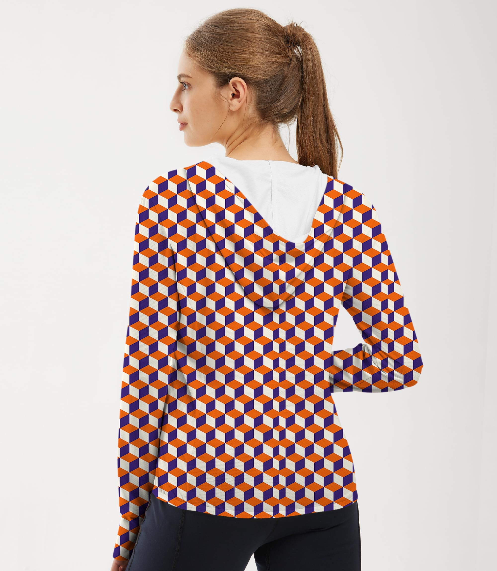 Women's outdoor slim fit zip hoodie with 3D orange square box pattern and sun protection fabric