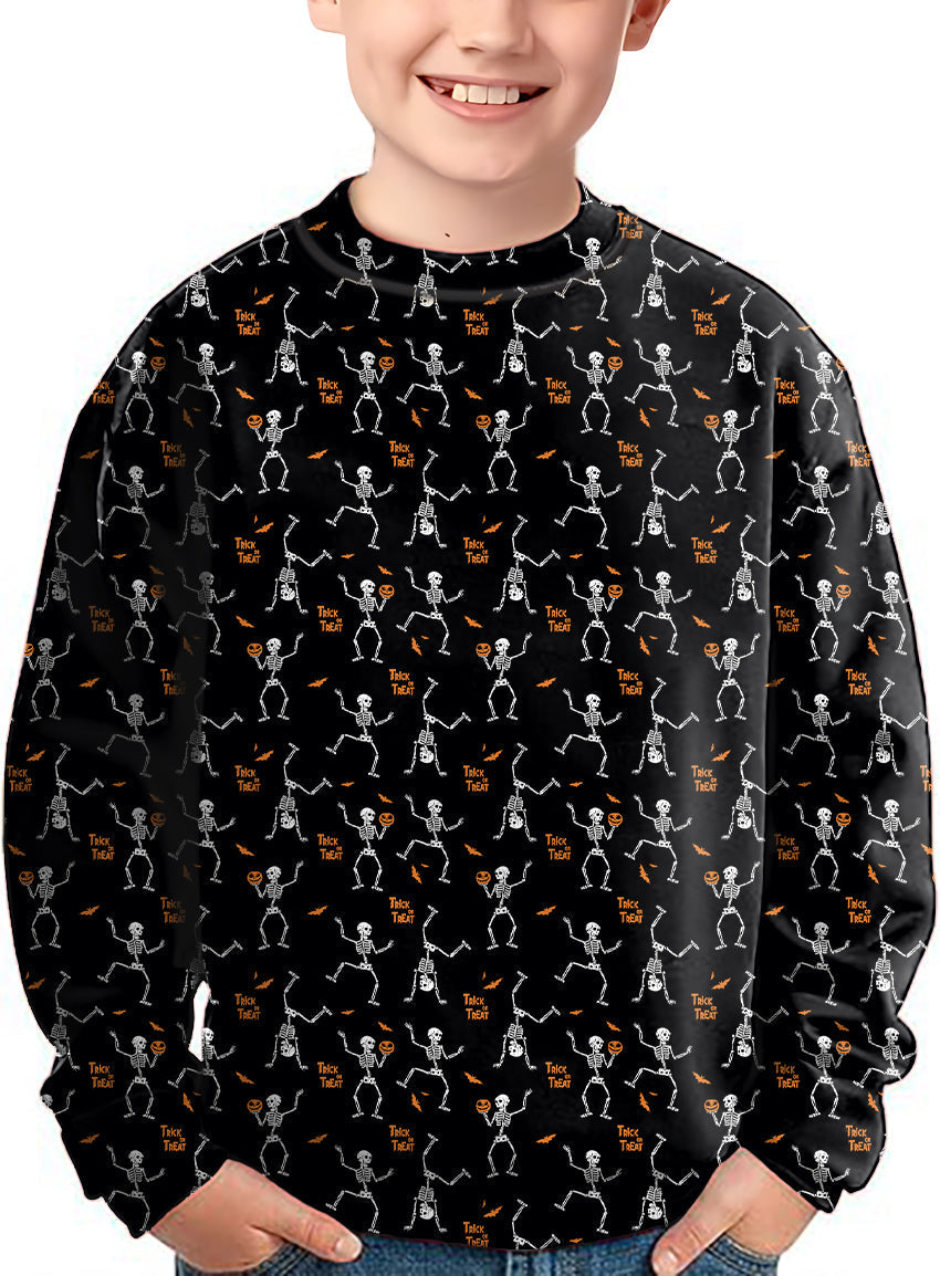 Kids crewneck pullover with Halloween dancing skeletons pattern and Trick or Treat text