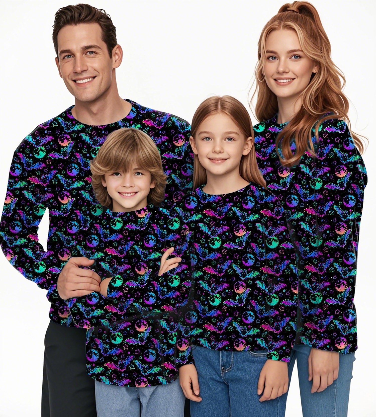 Family wearing Halloween Bat Moon crewneck pullover ugly sweaters in vibrant colors