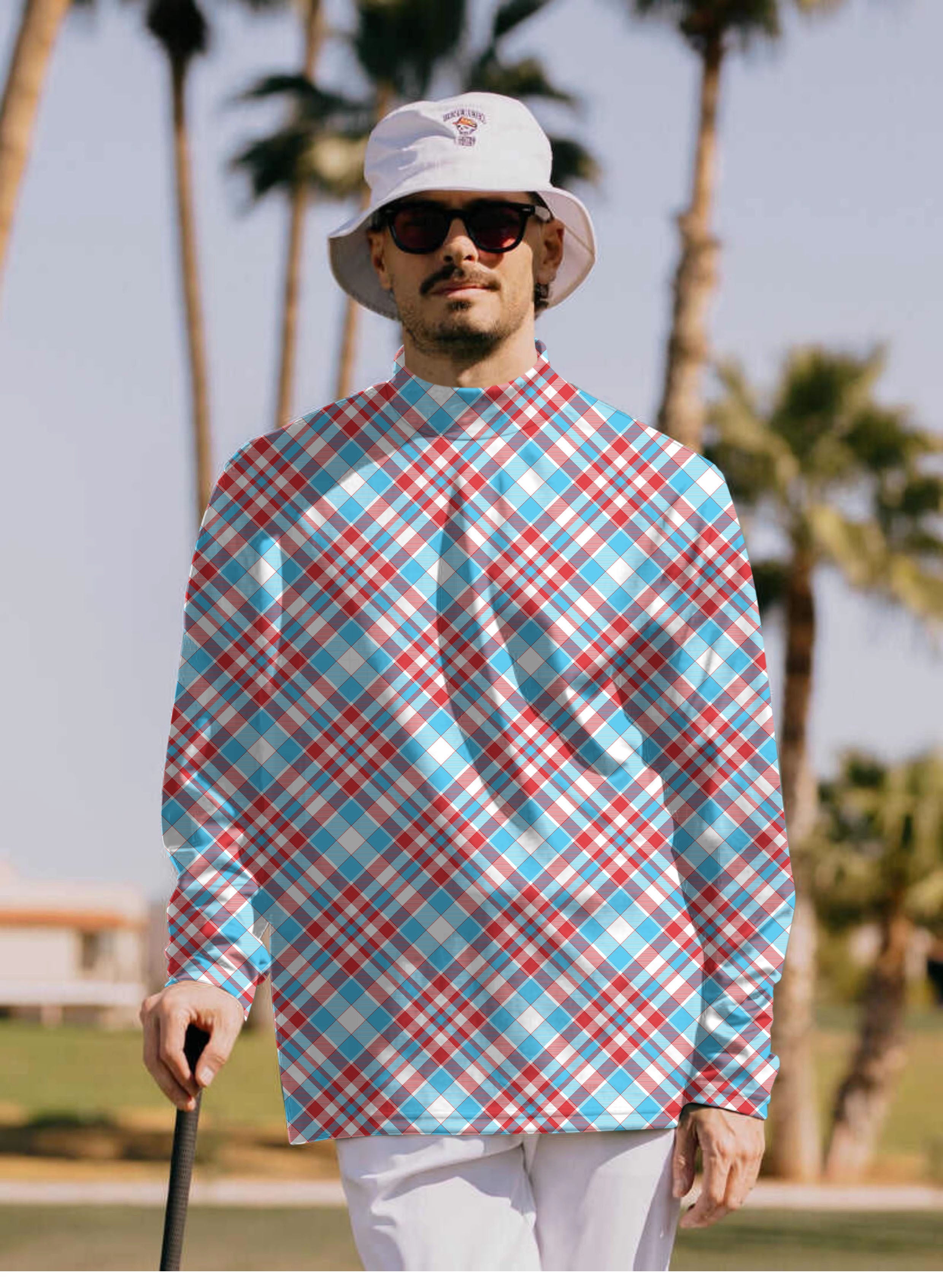 Men's Argyle red blue Pullover High neck Long/Short sleeve T-Shirt