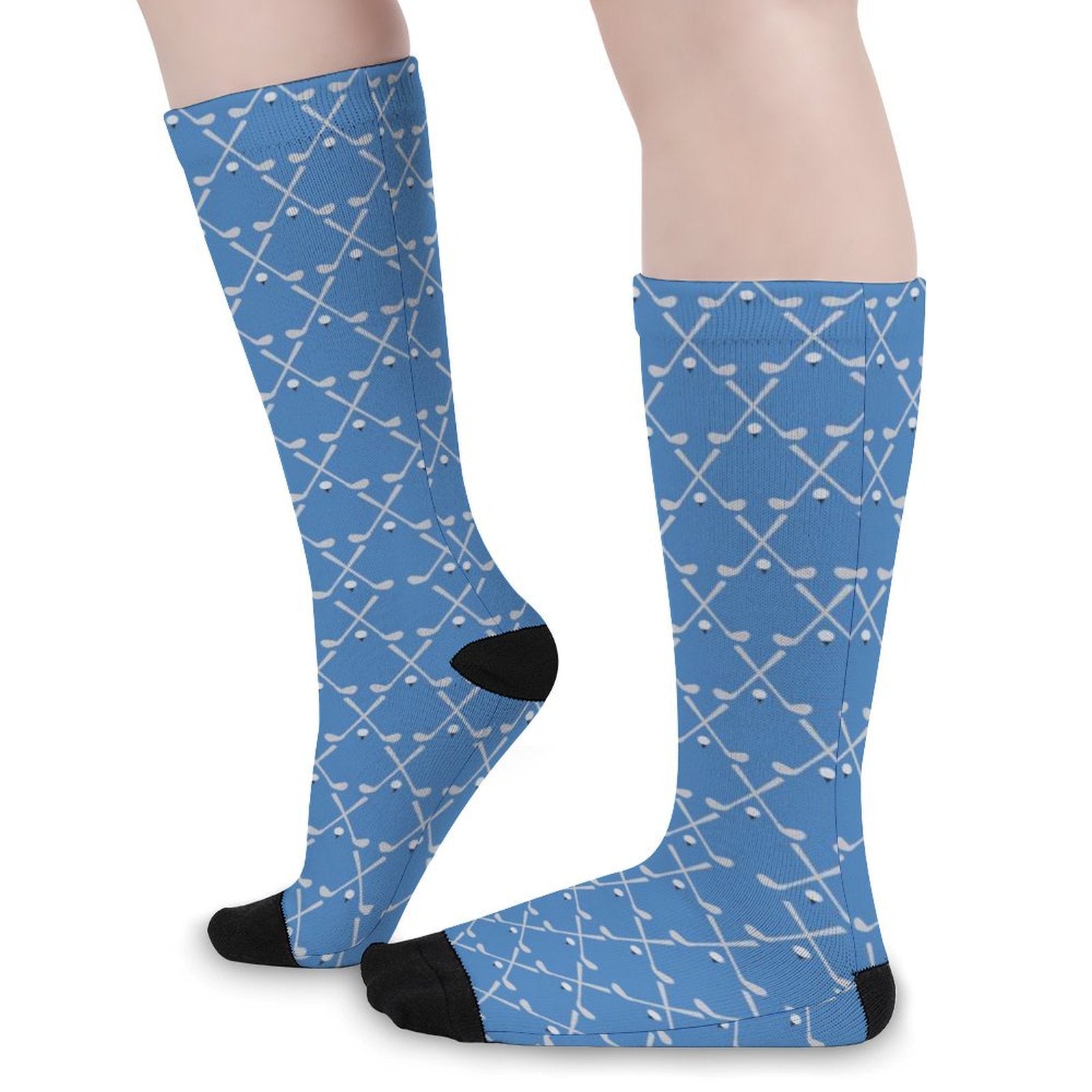 Blue crew socks with white golf club print and black cushioned soles, soft polyester blend, stylish and comfortable tap printed sock gifts for men and women.