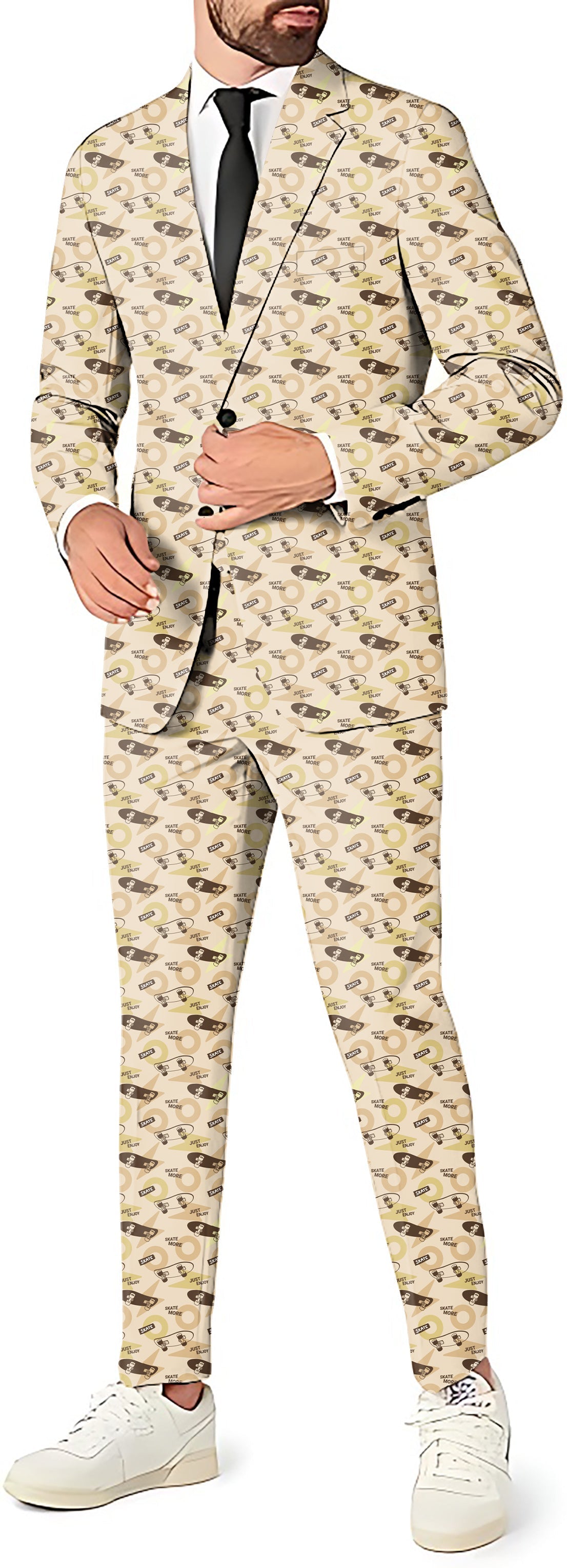 Khaki Skate More men's 3-piece party suit set with blazer, pants, and vest in beige skate-themed pattern