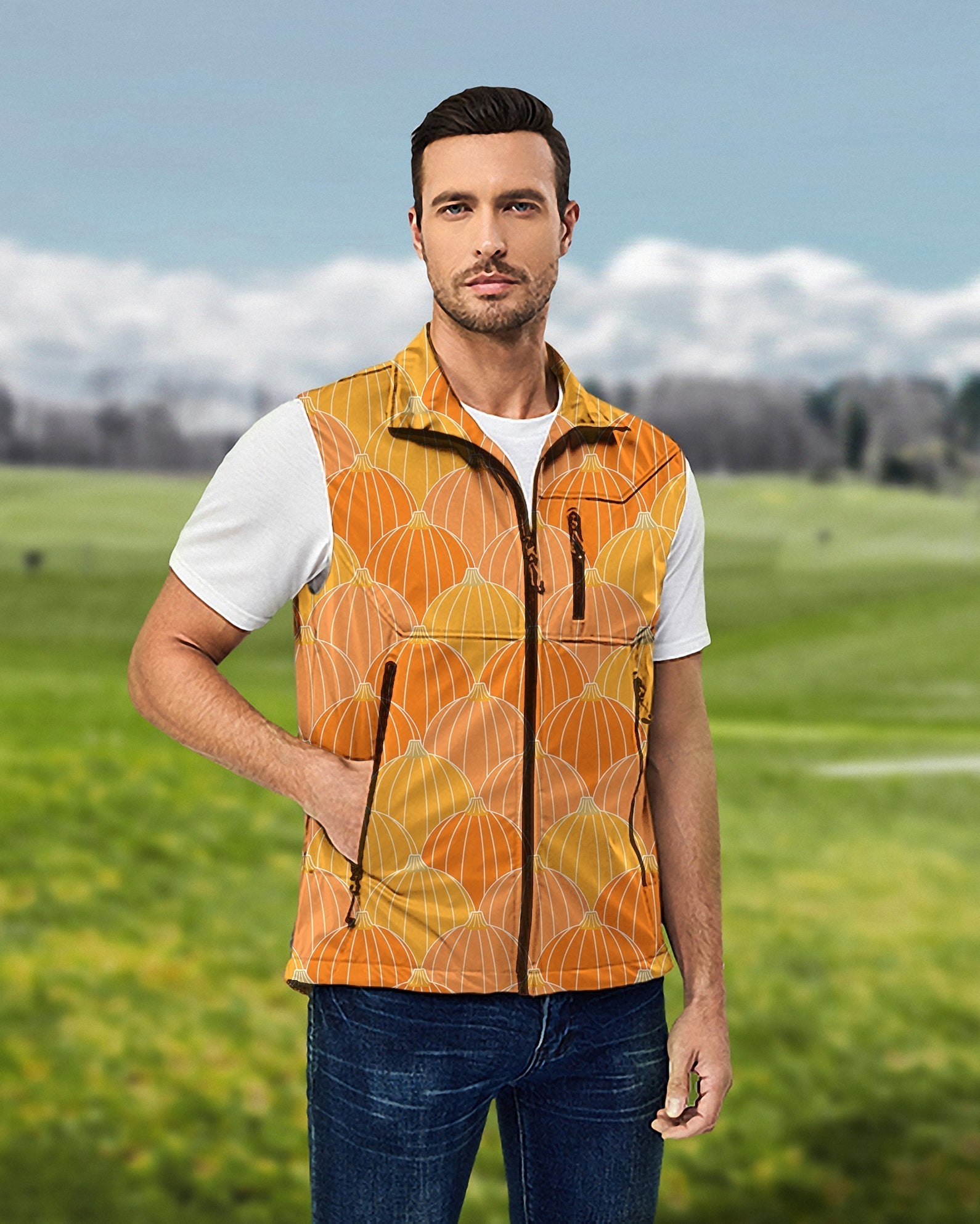 Men's Halloween Thanksgiving Pumpkin Bones lightweight softshell vest sleeveless jacket for golf, windproof and waterproof