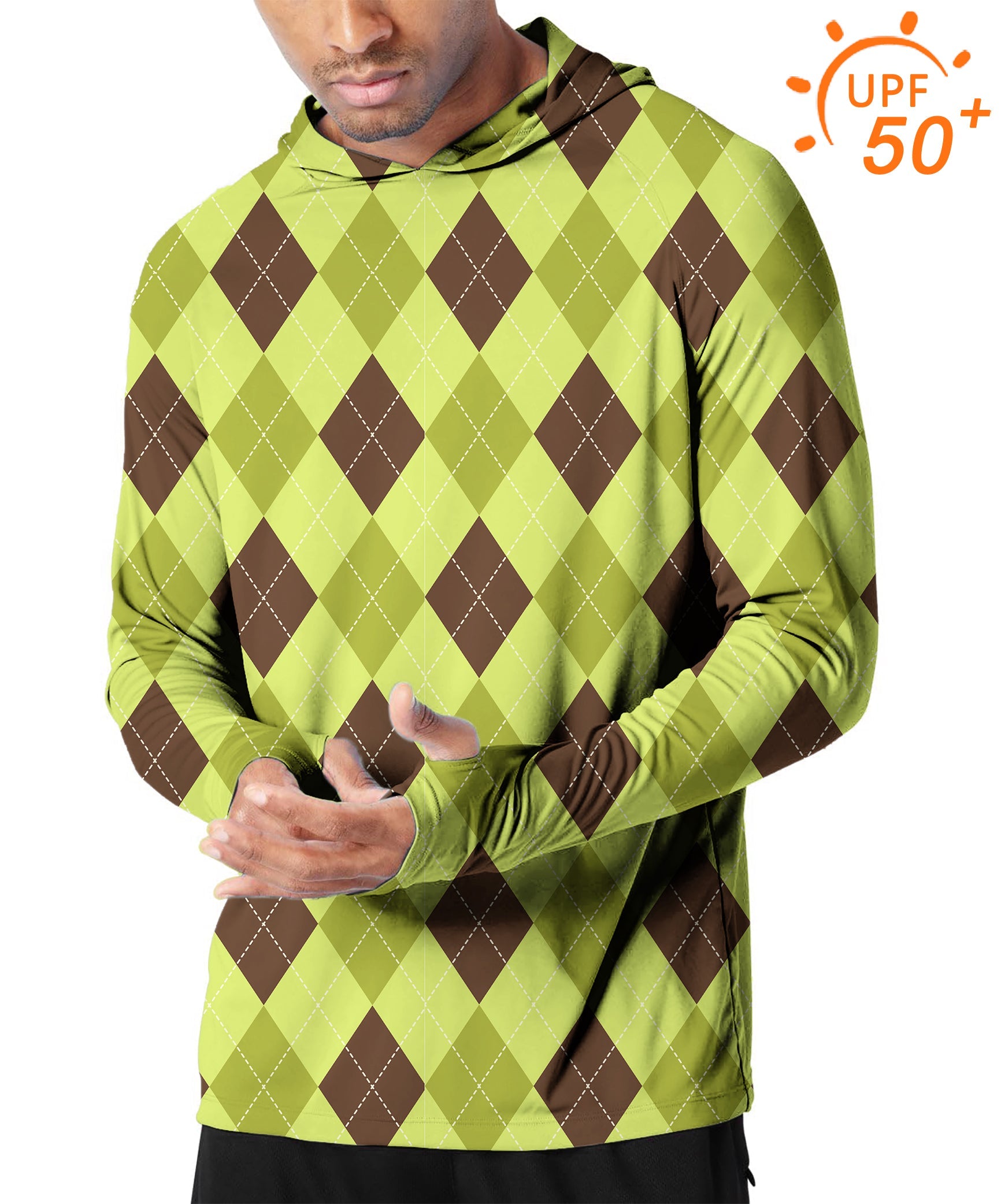 Men's outdoor slim fit argyle hoodie with UPF 50+ sun protection and thumb holes