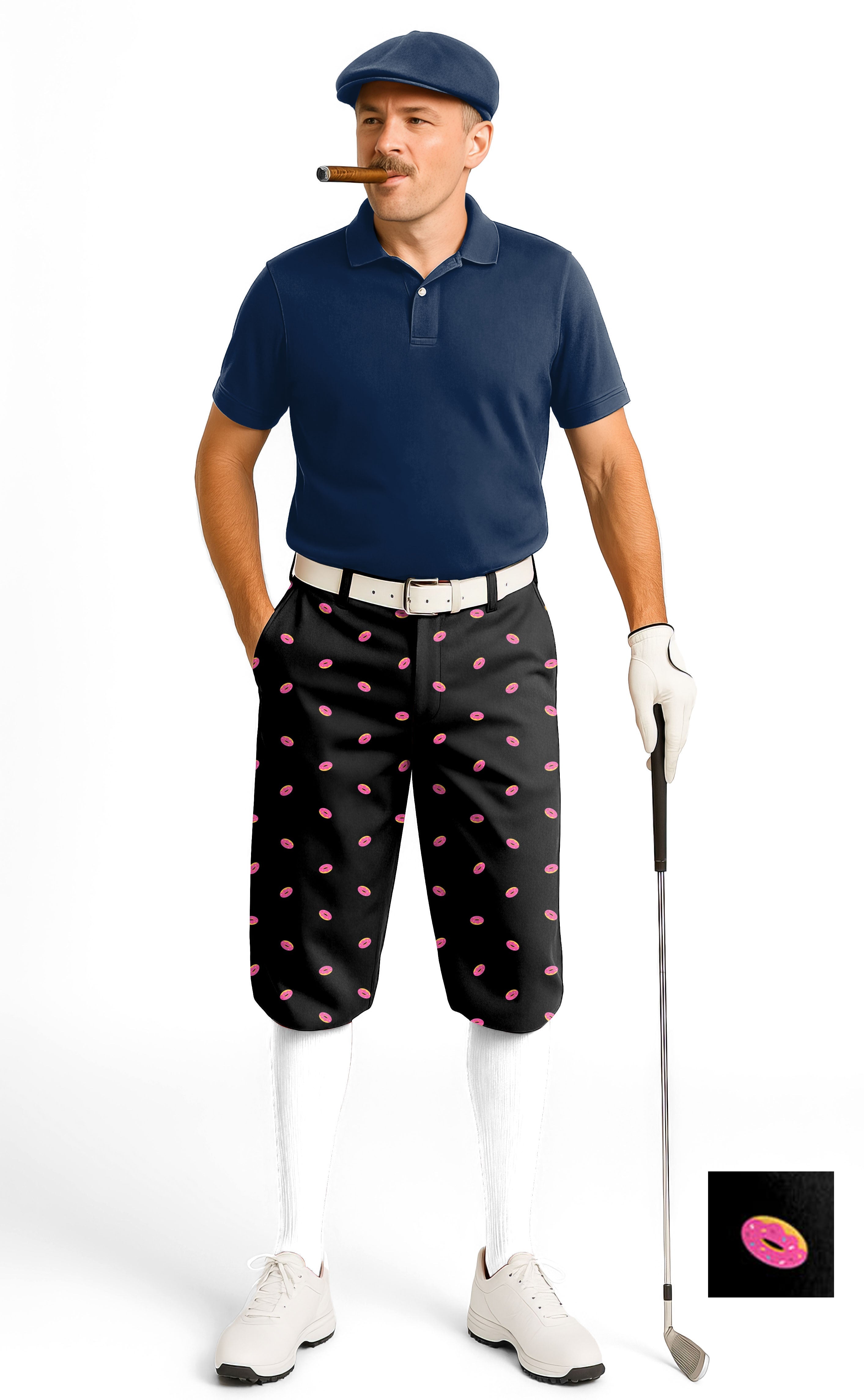 Man wearing donut custom background color men's golf knickers with white socks and navy polo shirt on golf course