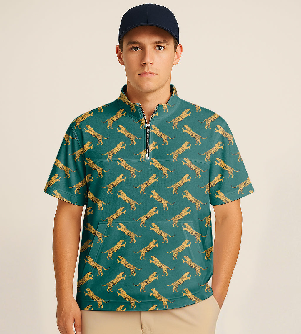 Green tiger embroidered half zipper turtleneck golf short shirt for men