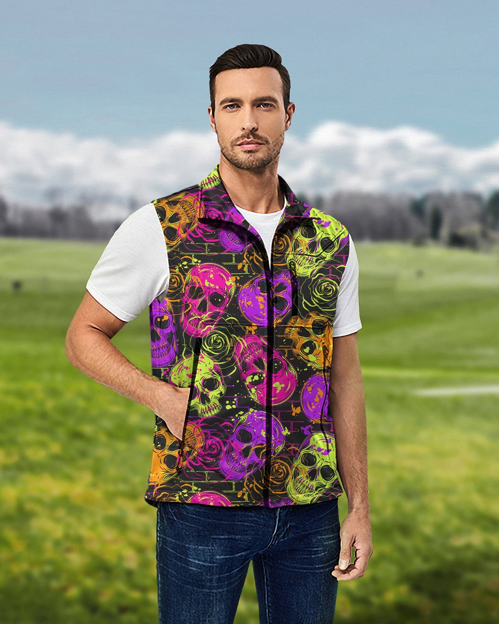 Men's Halloween Colors Skull sleeveless softshell vest for golf, lightweight, windproof, waterproof