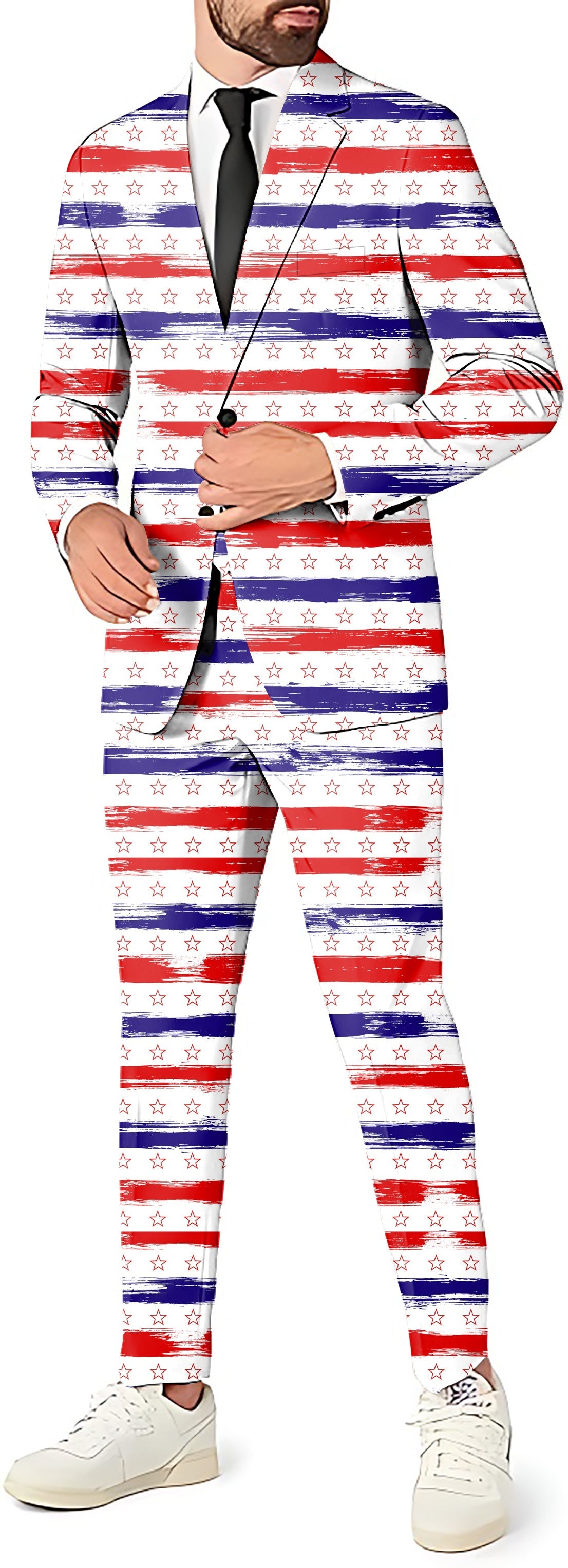 Stars & Stripes men's party costume suit set with blazer, pants, and vest in red, white, and blue pattern