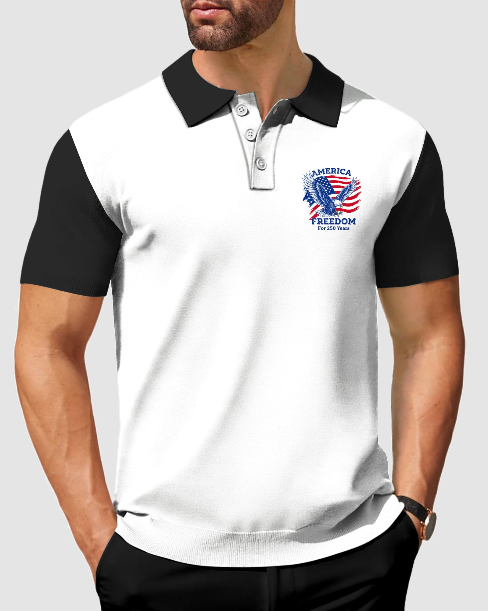 Men's The United States Celebrates Its 250th Anniversary of Independence Embroidery On The Left Chest White Black White Polo