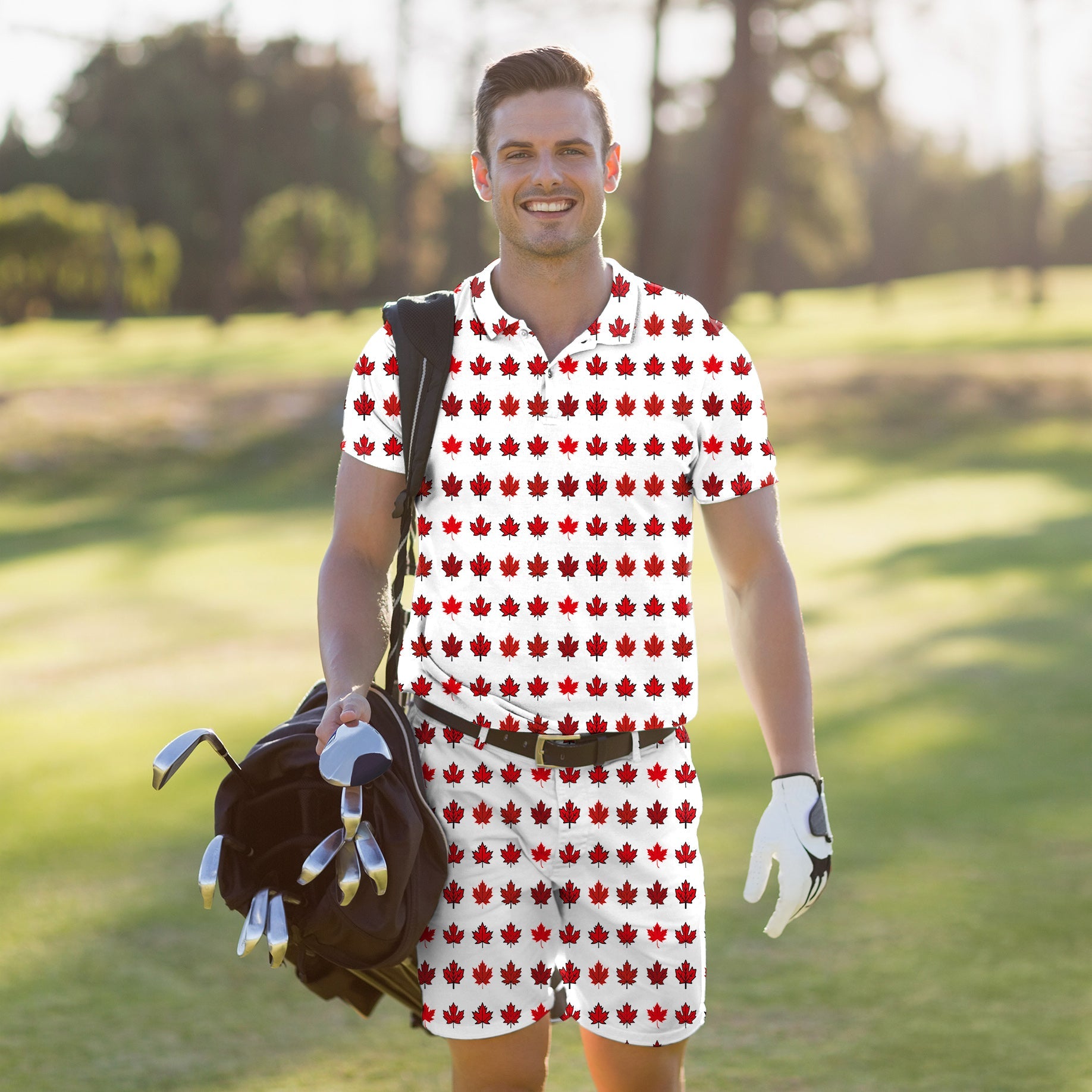 Men's golf set with red maple leaf polo and shorts, moisture-wicking, stretchy, wrinkle-resistant, UPF 40+ protection, classic fit.