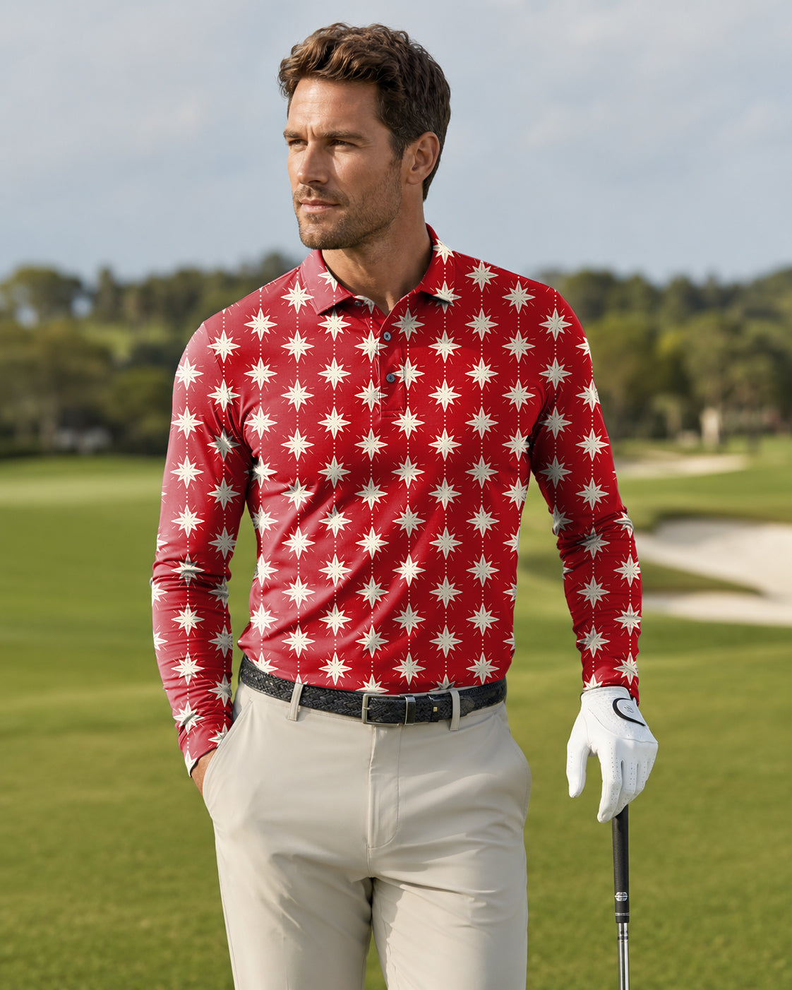 Men's Christmas Star Long-sleeved Polo