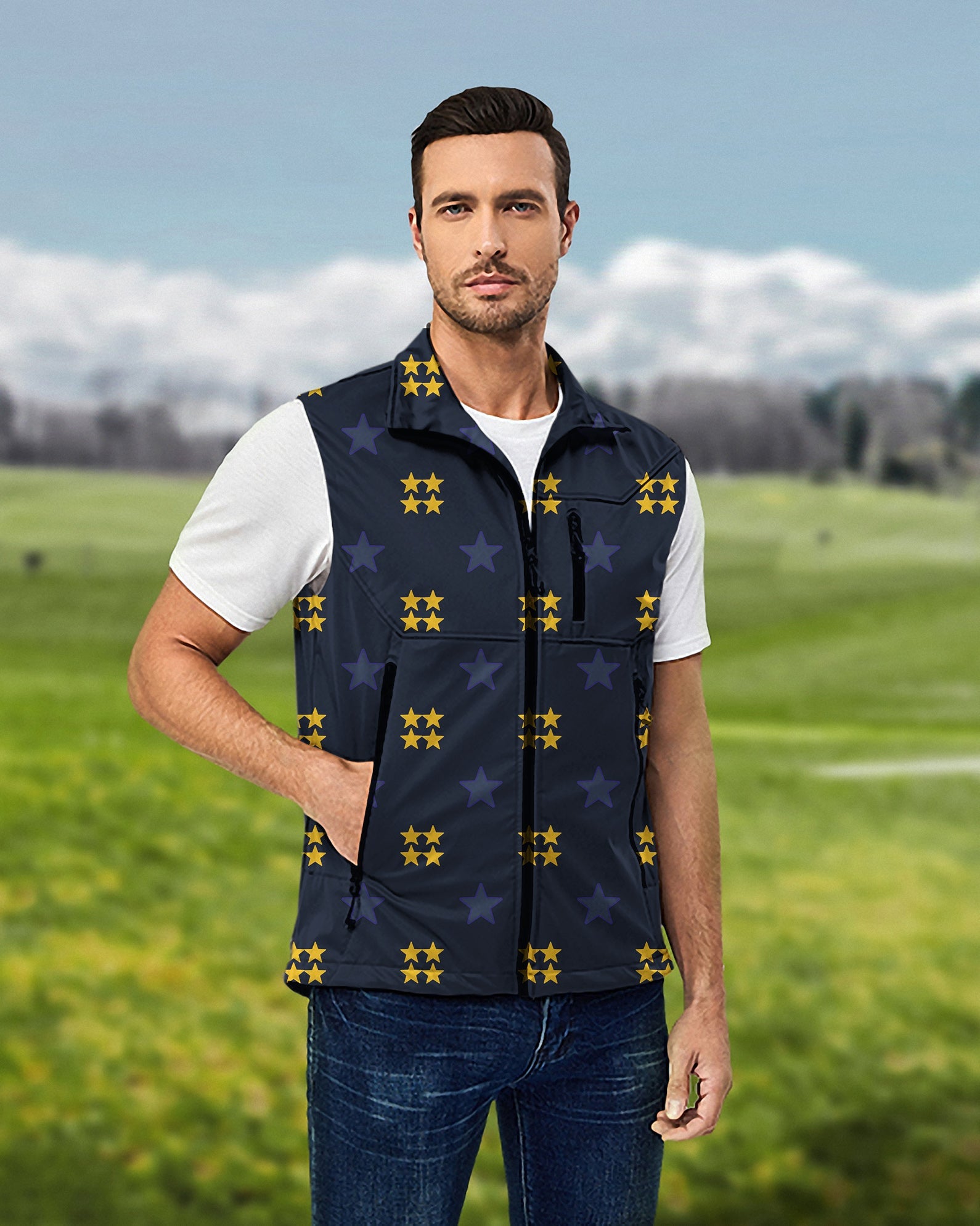 Men's limited edition American Star lightweight softshell vest worn outdoors on golf course