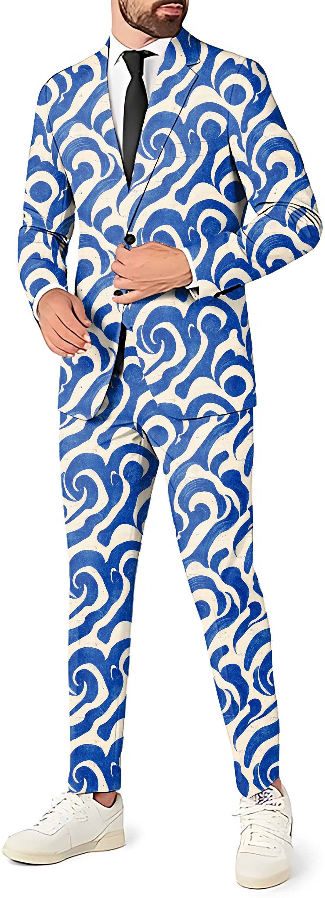 Blue Harmony Men's stylish blue and white swirl pattern blazer, pants, and vest suit set for theme parties