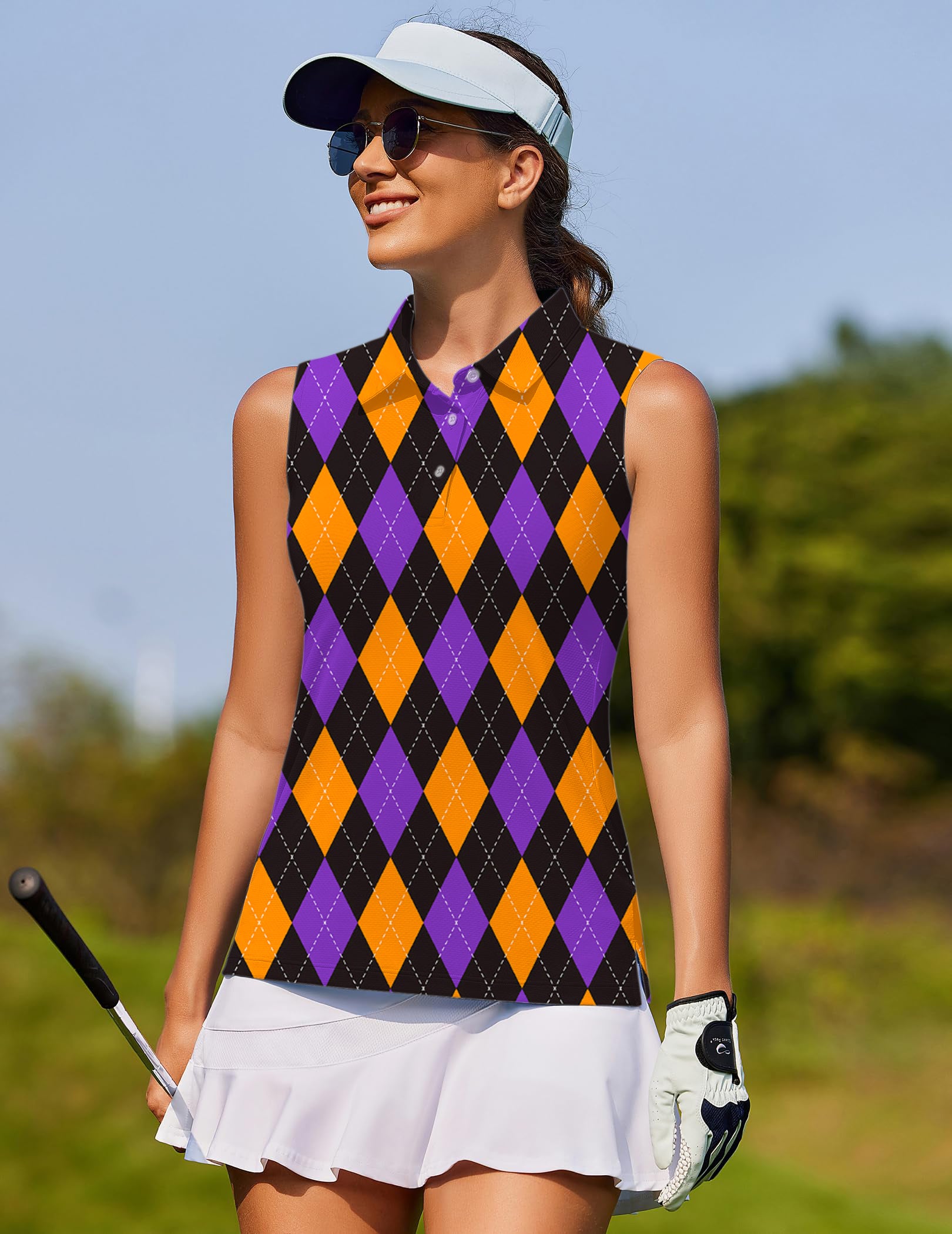 Orange purple and black argyle Women's golf Sleeveless shirt