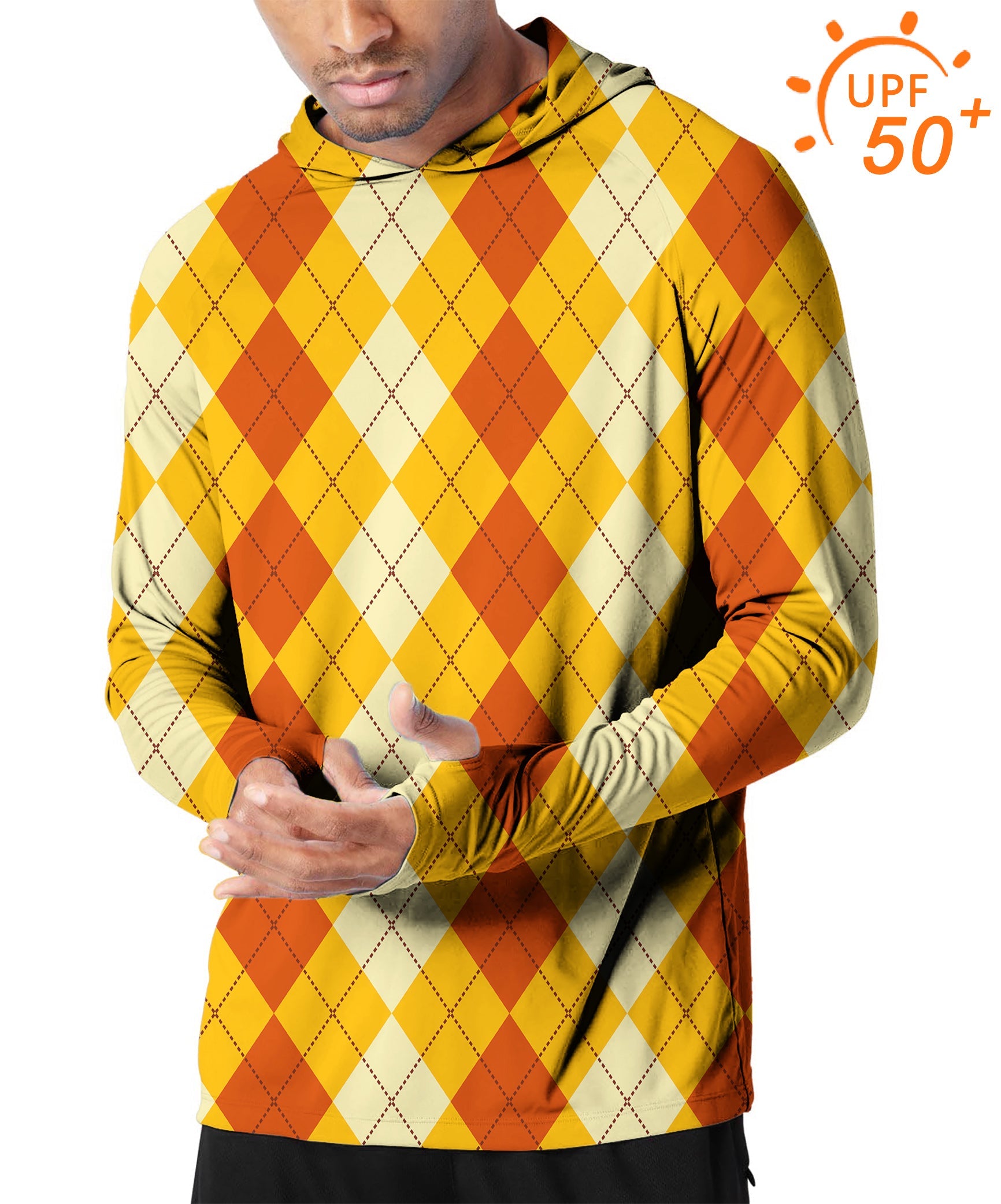 Men's outdoor Halloween argyle golf hoodie in light yellow and red with UPF 50+ sun protection and slim fit design
