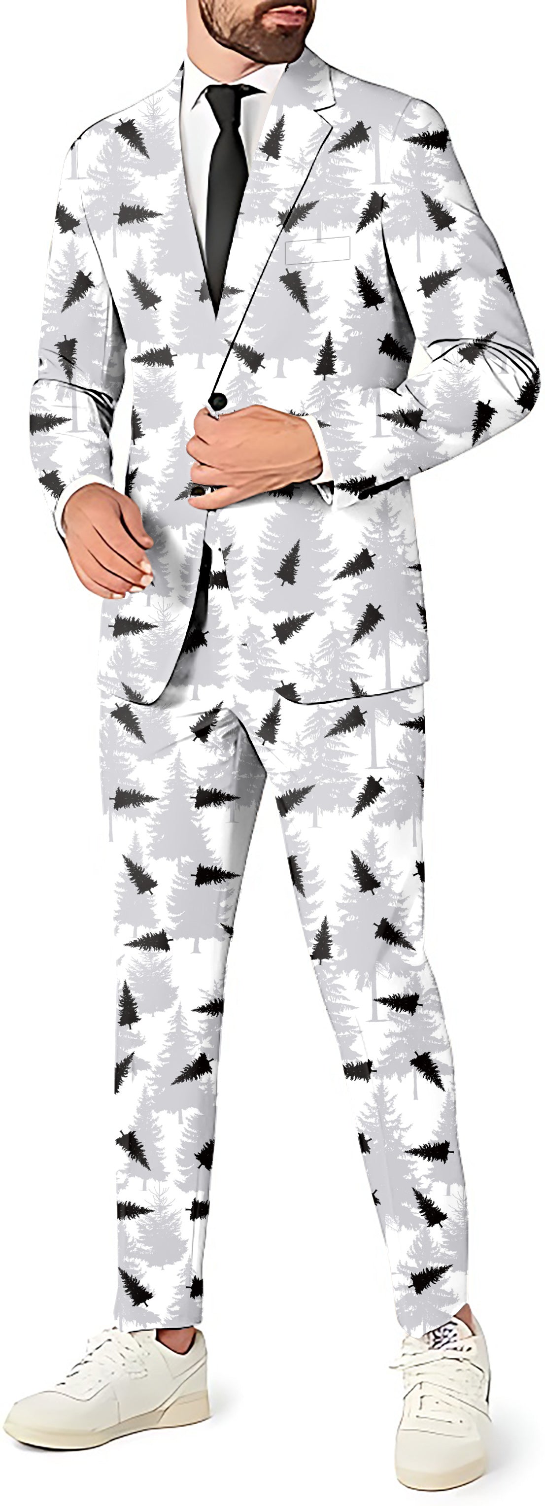pine men's party suit with black tree pattern blazer, pants, and vest set