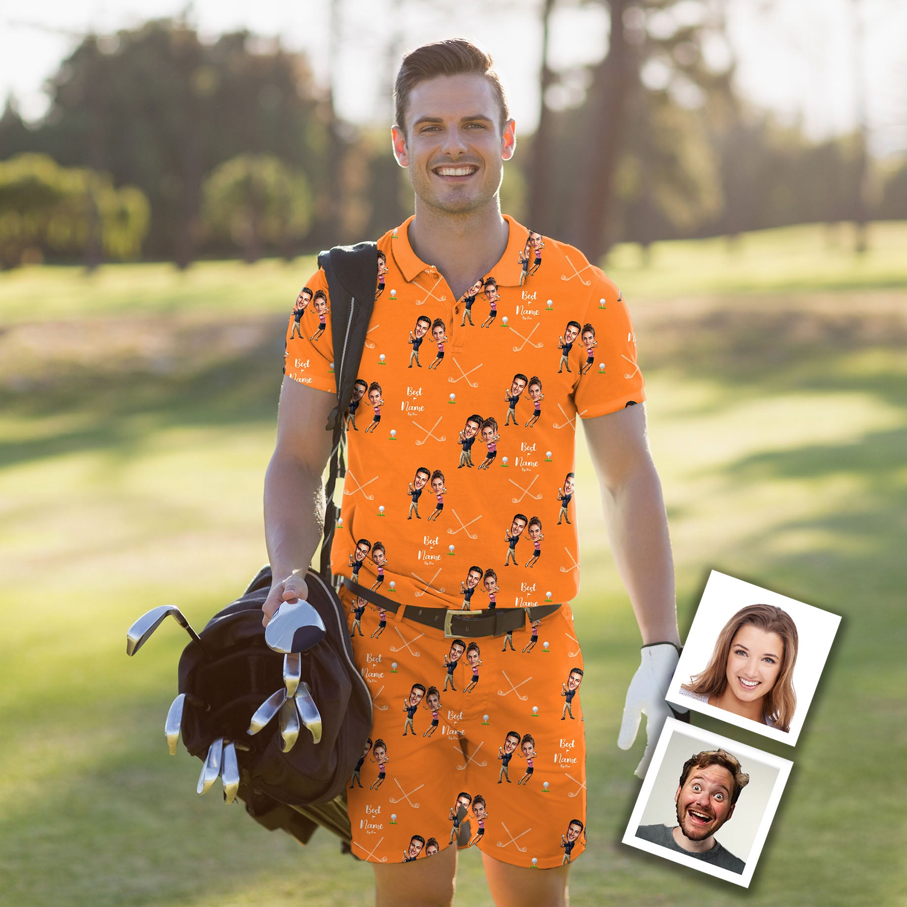 Men's Golf Set Polo+Shorts Custom Couple Photo Face & Name