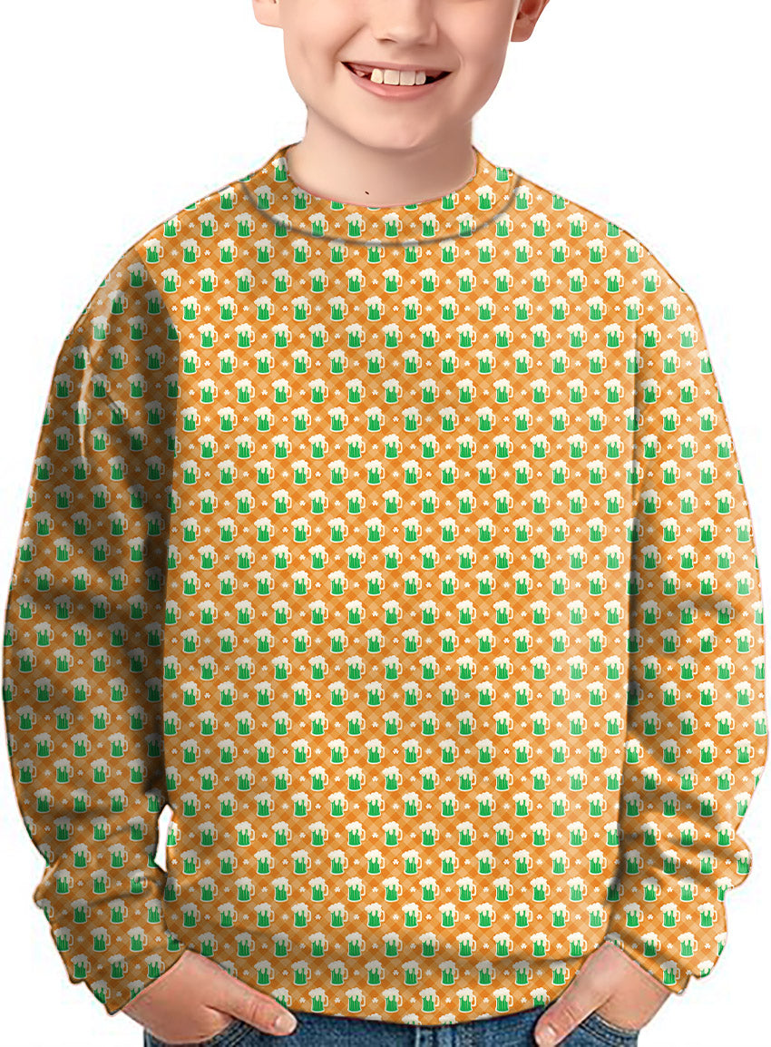 Kid wearing green beer and clover leaf St. Patrick's Day crewneck pullover sweater