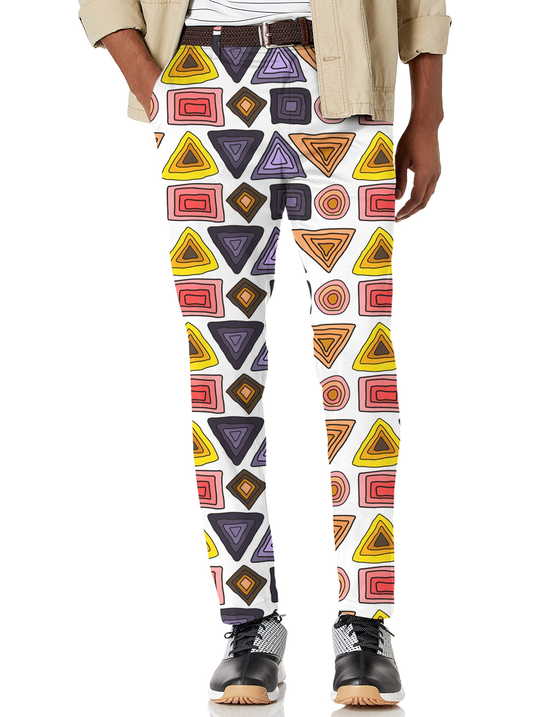 Men's colorful triangle tribal stretch golf pants with moisture-wicking fabric and comfortable fit