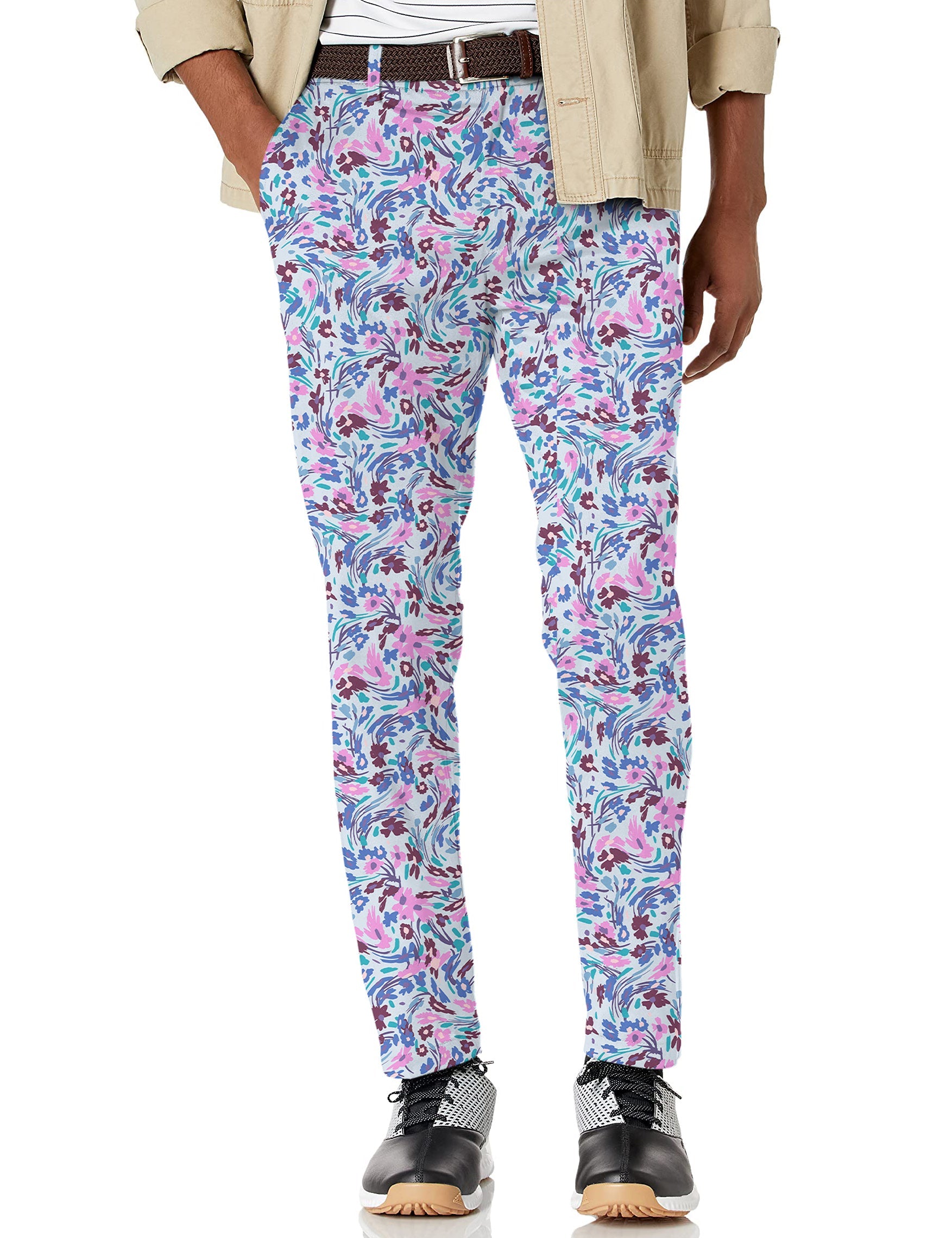 Men's Flower Twist stretch golf pants with floral pattern, moisture-wicking fabric, and active waistband for comfort and performance.