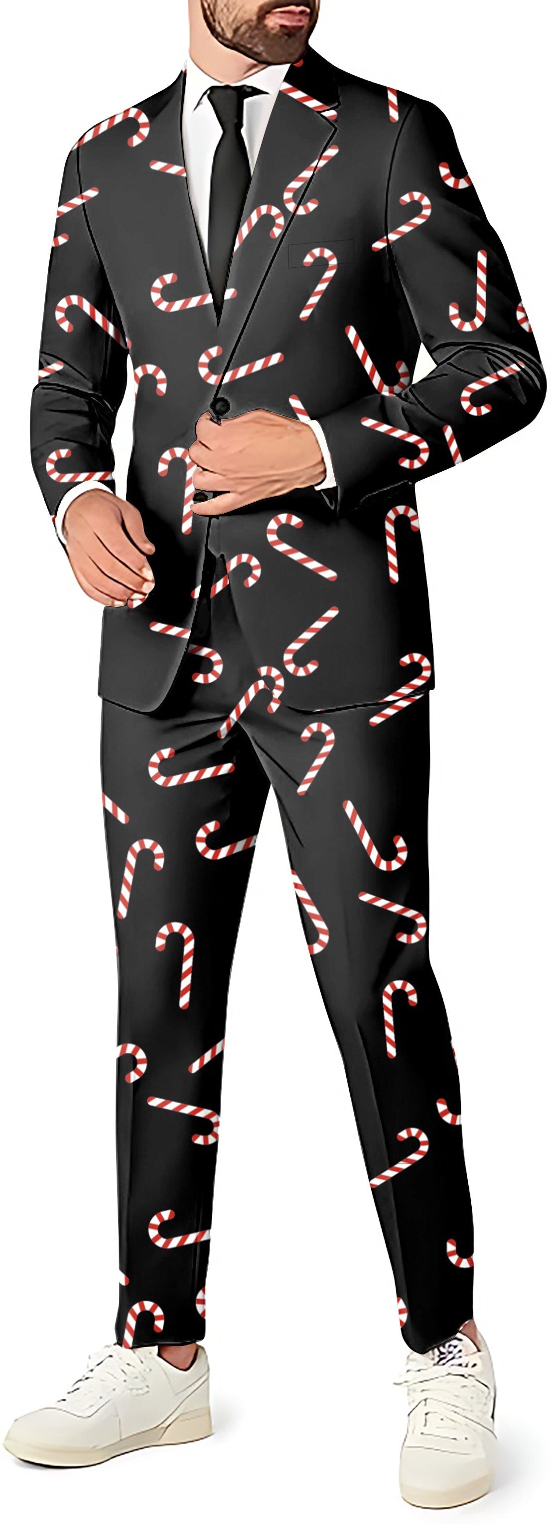 Candy Cane Men's party costume suit set with blazer, pants, and vest in slim fit